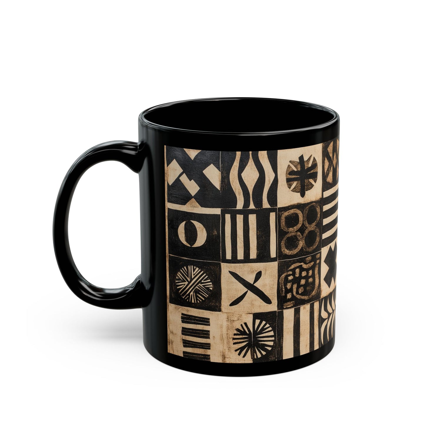 African Print Black Mug (11oz, 15oz), mud cloth cup, tribal, art, cultural gift, coffee lover