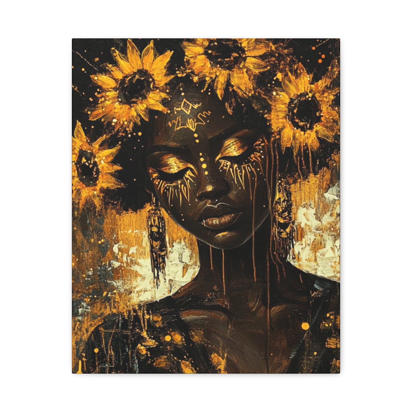 Sunflower Empress Canvas Art, Stretched, 1 25", Dark-Skinned Woman with Golden Tribal Markings, Afro Crowned with Sunflowers