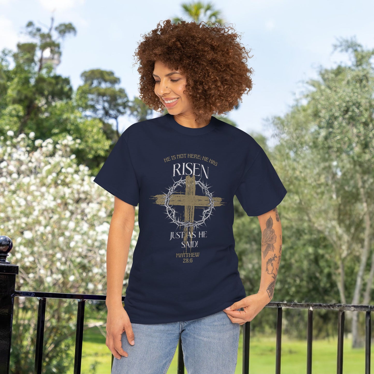 Christian Cross T-Shirt, Matthew 28:6 Scripture Tee, Religious Graphic Shirt, Unisex Cotton Top, Easter Gift, Inspirational Apparel