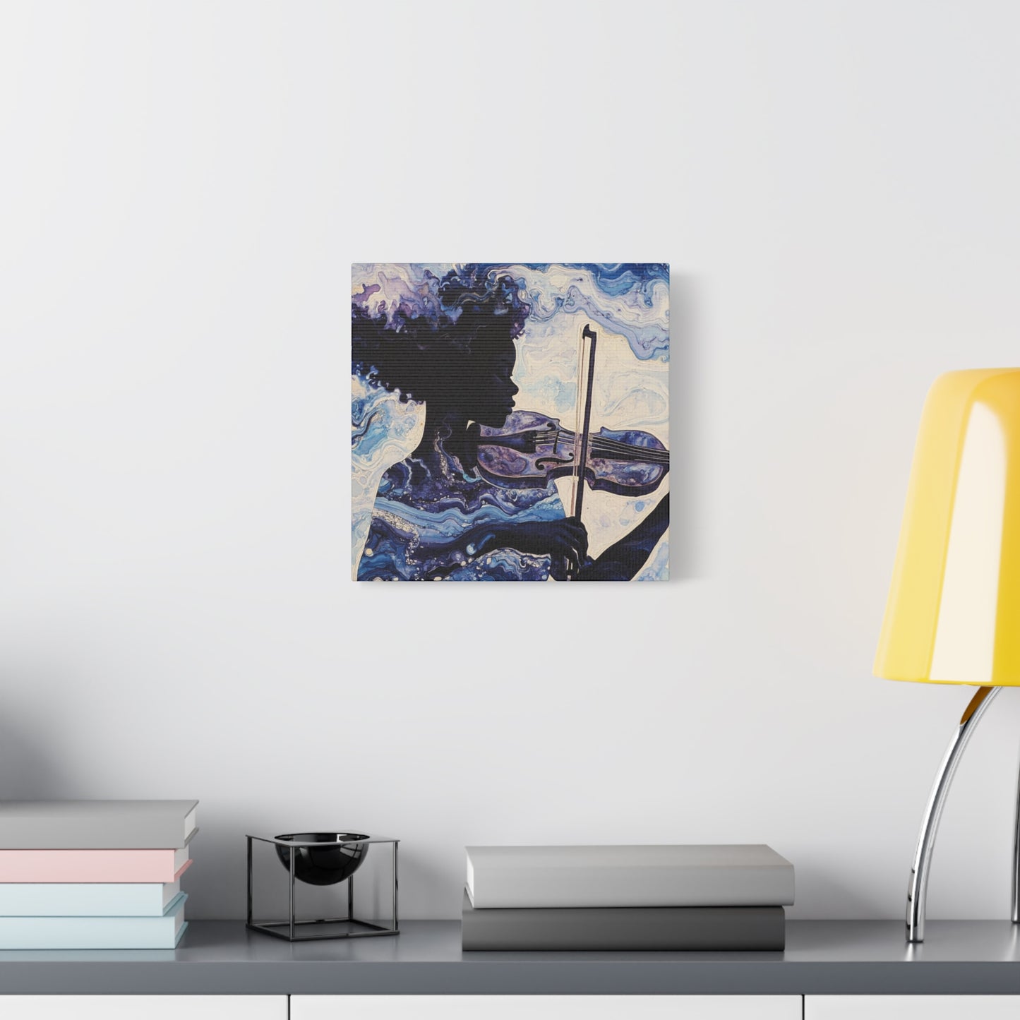 Canvas Art, Melodic Flow - Black Woman Playing Violin, Watercolor Painting, Music Notes, Blues and Purples, Ethereal Soulful Design, Wall