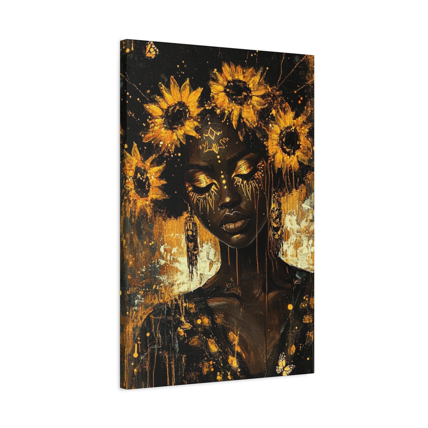 Sunflower Empress Canvas Art, Stretched, 1 25", Dark-Skinned Woman with Golden Tribal Markings, Afro Crowned with Sunflowers
