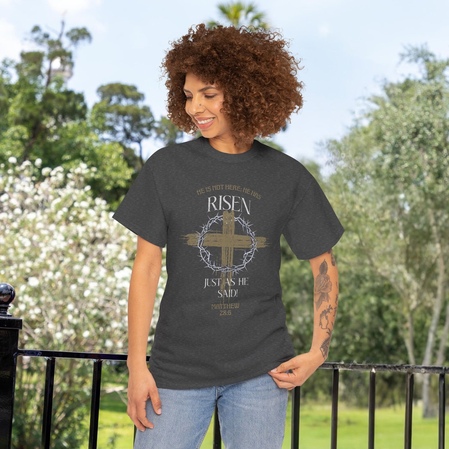 Christian Cross T-Shirt, Matthew 28:6 Scripture Tee, Religious Graphic Shirt, Unisex Cotton Top, Easter Gift, Inspirational Apparel