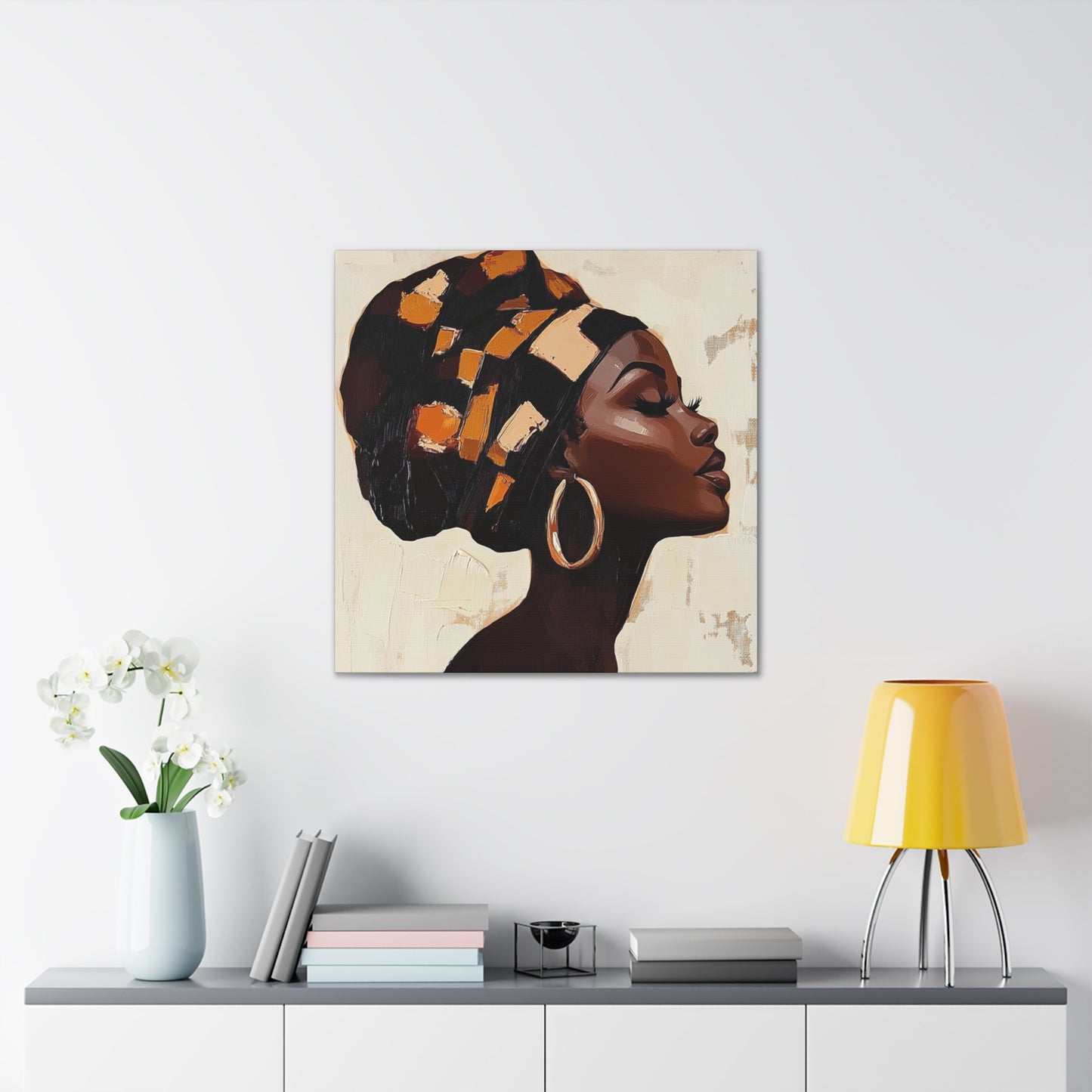 Wrapped in Wisdom Canvas Art, African American Woman Painting, Headwrap Hoop Earrings, Earth Tone Brush Strokes, Home Decor Wall Hanging,