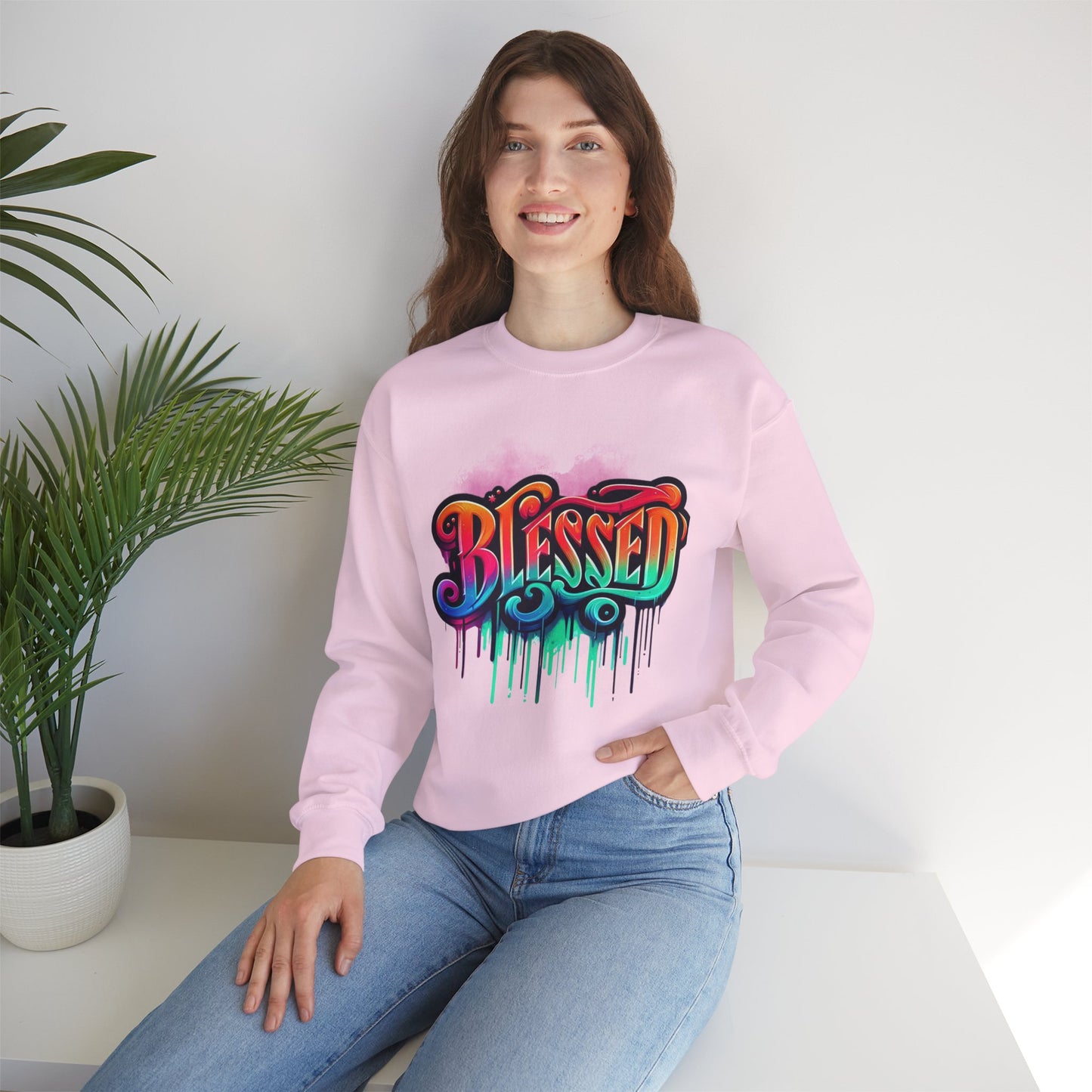 Blessed Graffiti Airbrush Sweatshirt – Street Style with Purpose Unisex Heavy Blend™ Crewneck Sweatshirt