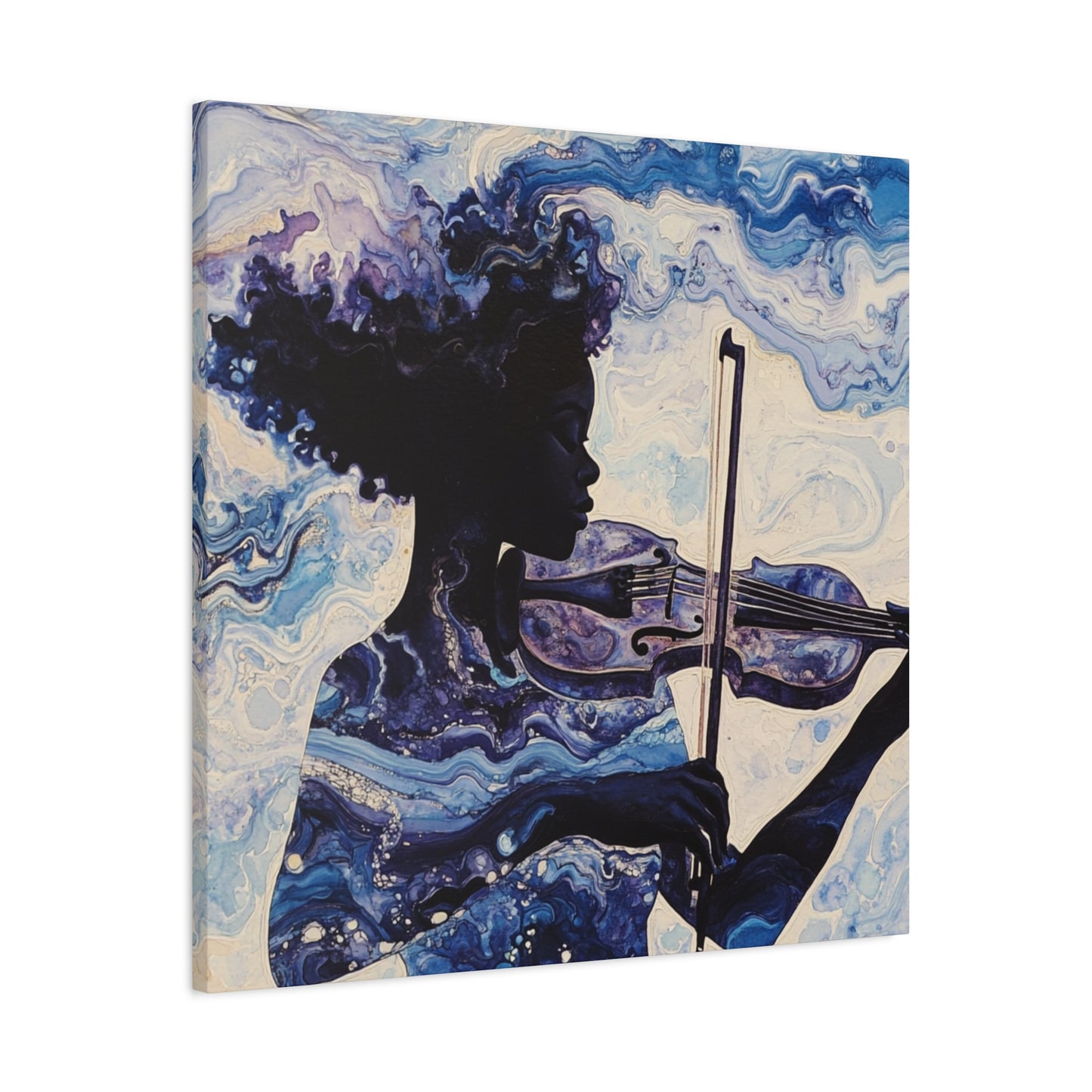 Canvas Art, Melodic Flow - Black Woman Playing Violin, Watercolor Painting, Music Notes, Blues and Purples, Ethereal Soulful Design, Wall