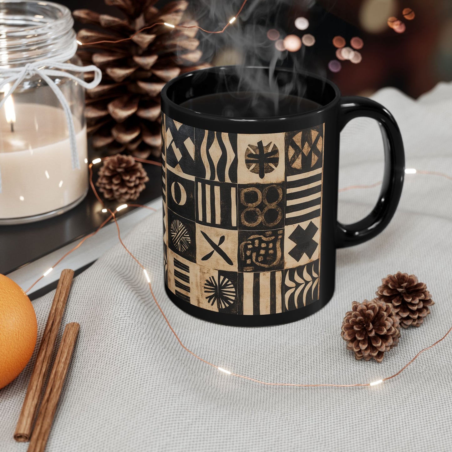 African Print Black Mug (11oz, 15oz), mud cloth cup, tribal, art, cultural gift, coffee lover