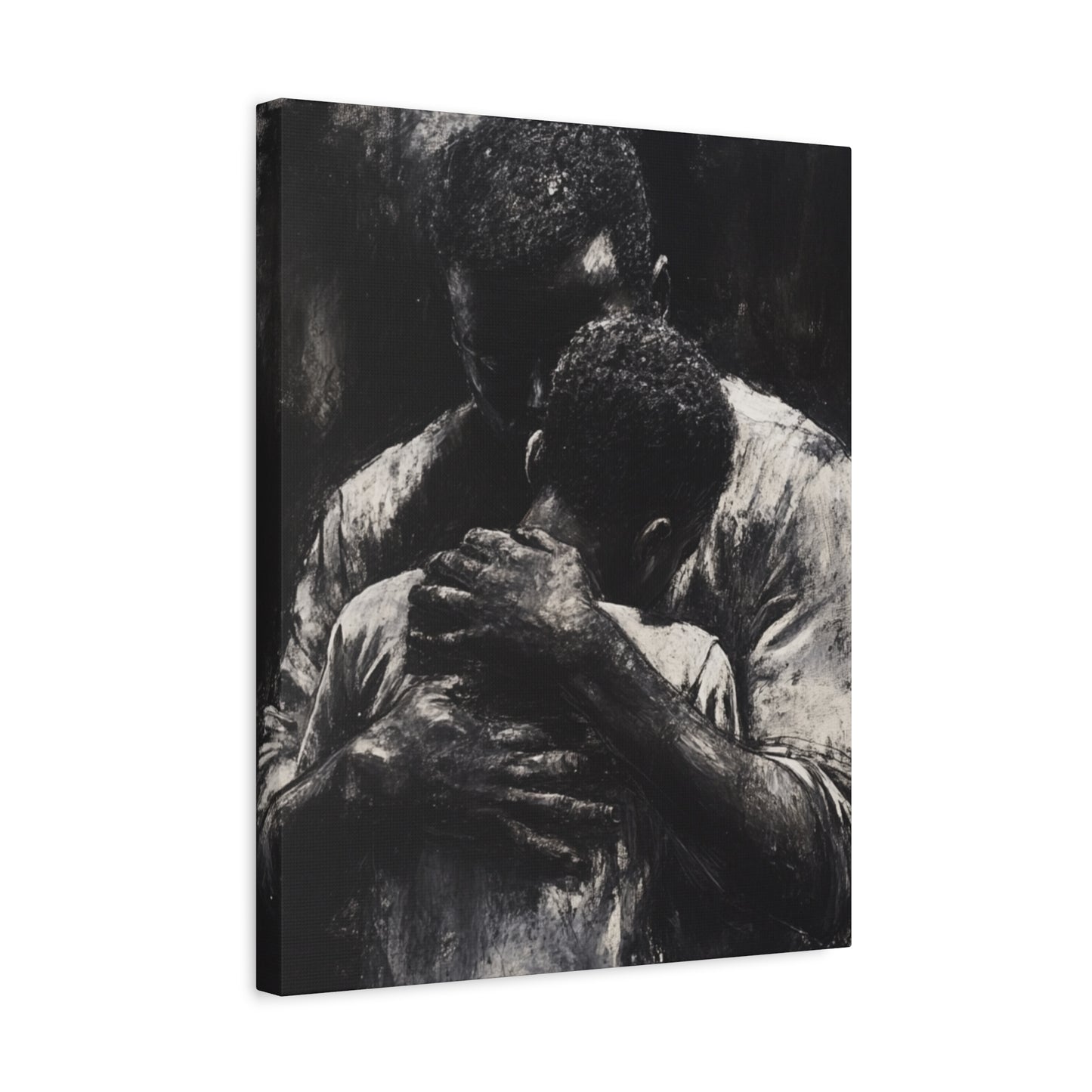 A Father's Embrace Canvas Print, Black Father and Son Charcoal Drawing, Matte Finish Artwork, Wall Decor Gift