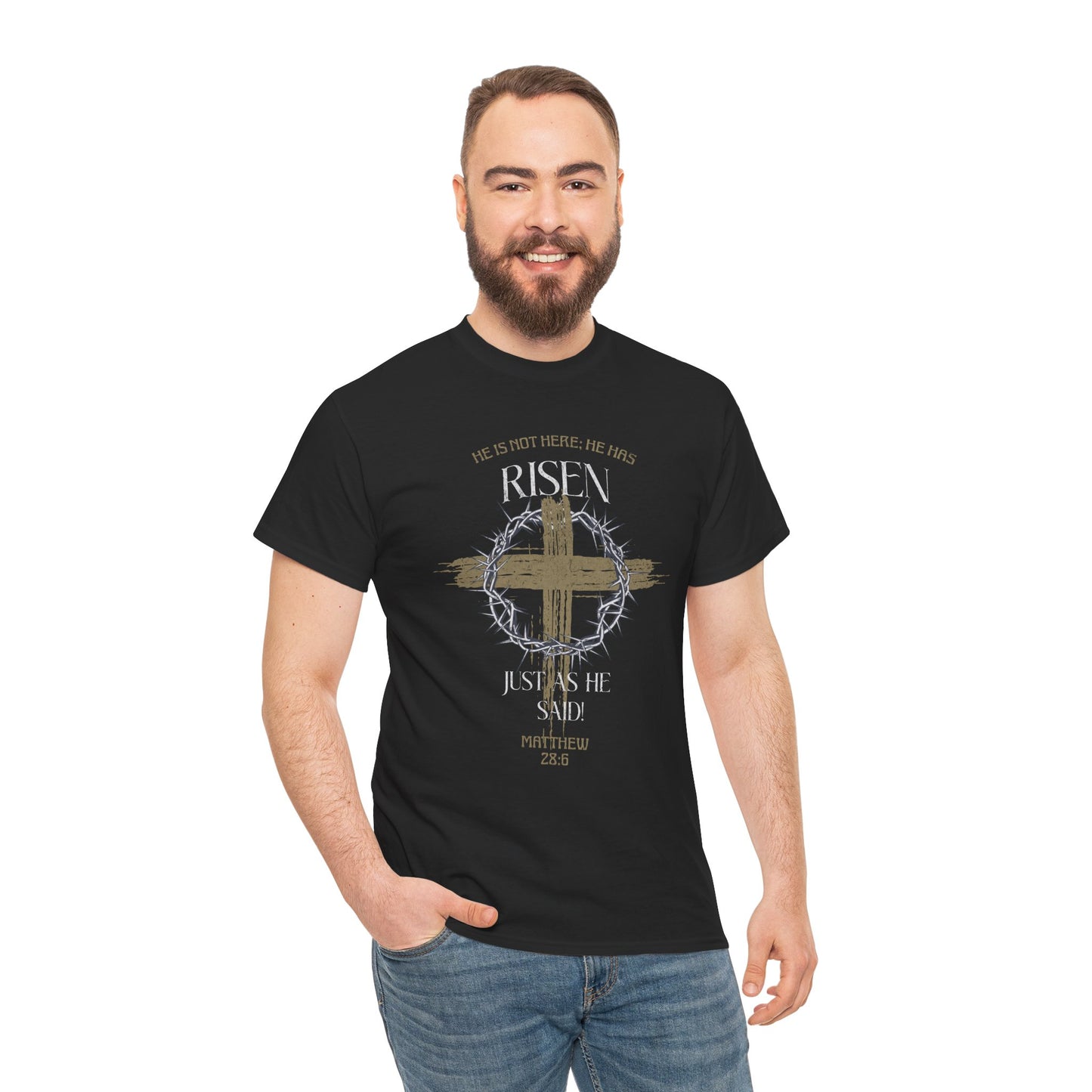 Christian Cross T-Shirt, Matthew 28:6 Scripture Tee, Religious Graphic Shirt, Unisex Cotton Top, Easter Gift, Inspirational Apparel