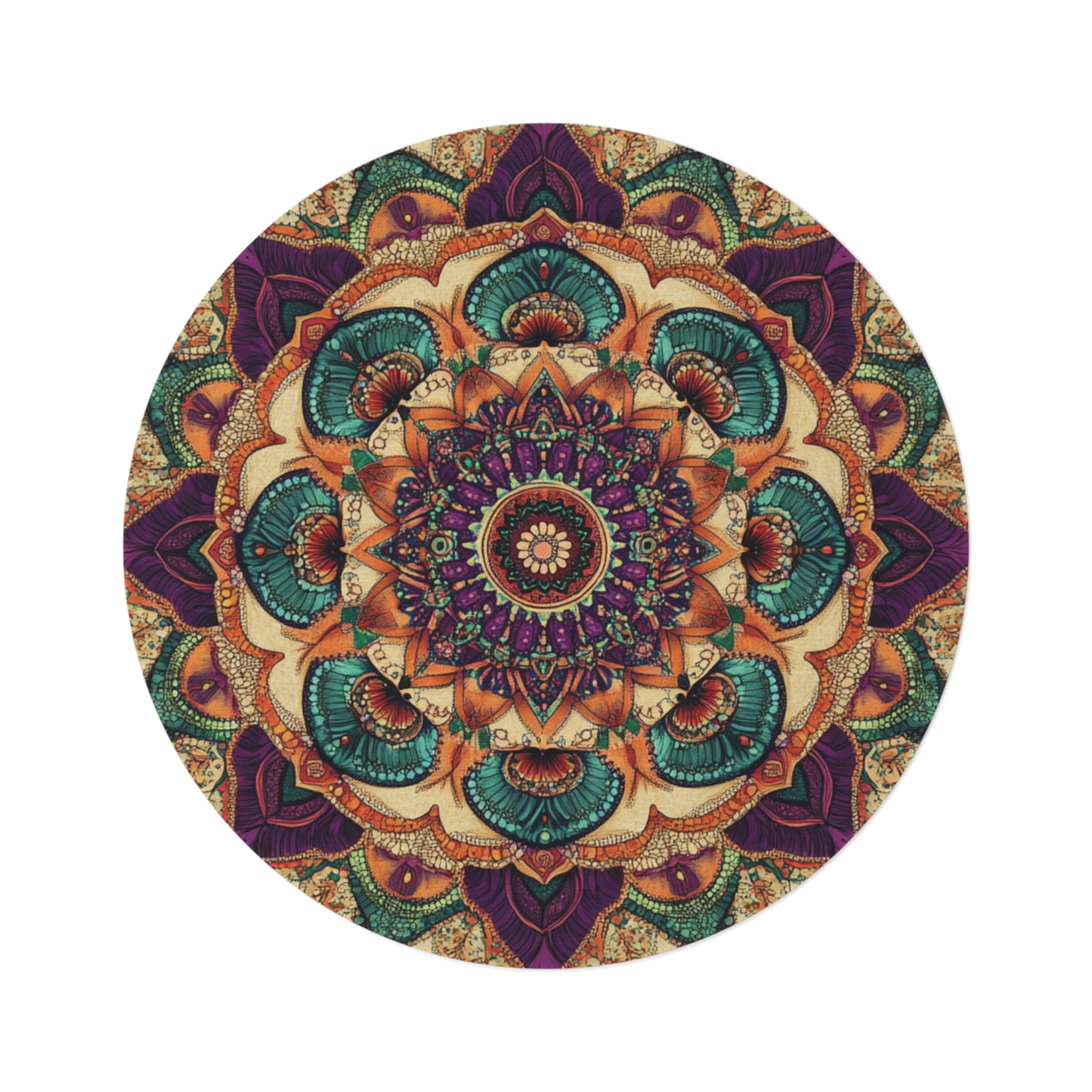 Mandala Rug, Boho Round Area Mat for Meditation Room, Vibrant Teal Purple Orange Design, Symmetrical Pattern, Beige Background, Alternative: