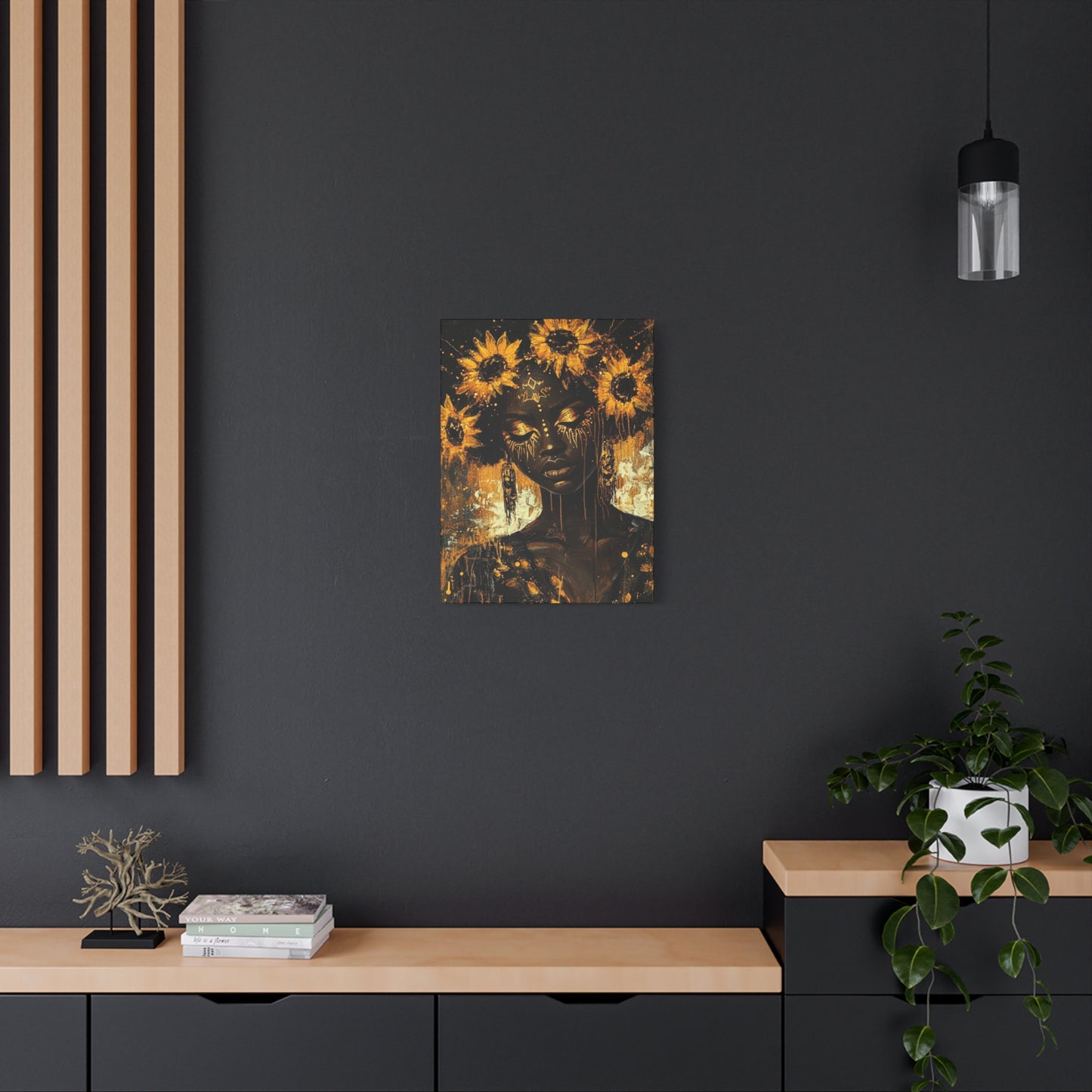 Sunflower Empress Canvas Art, Stretched, 1 25", Dark-Skinned Woman with Golden Tribal Markings, Afro Crowned with Sunflowers