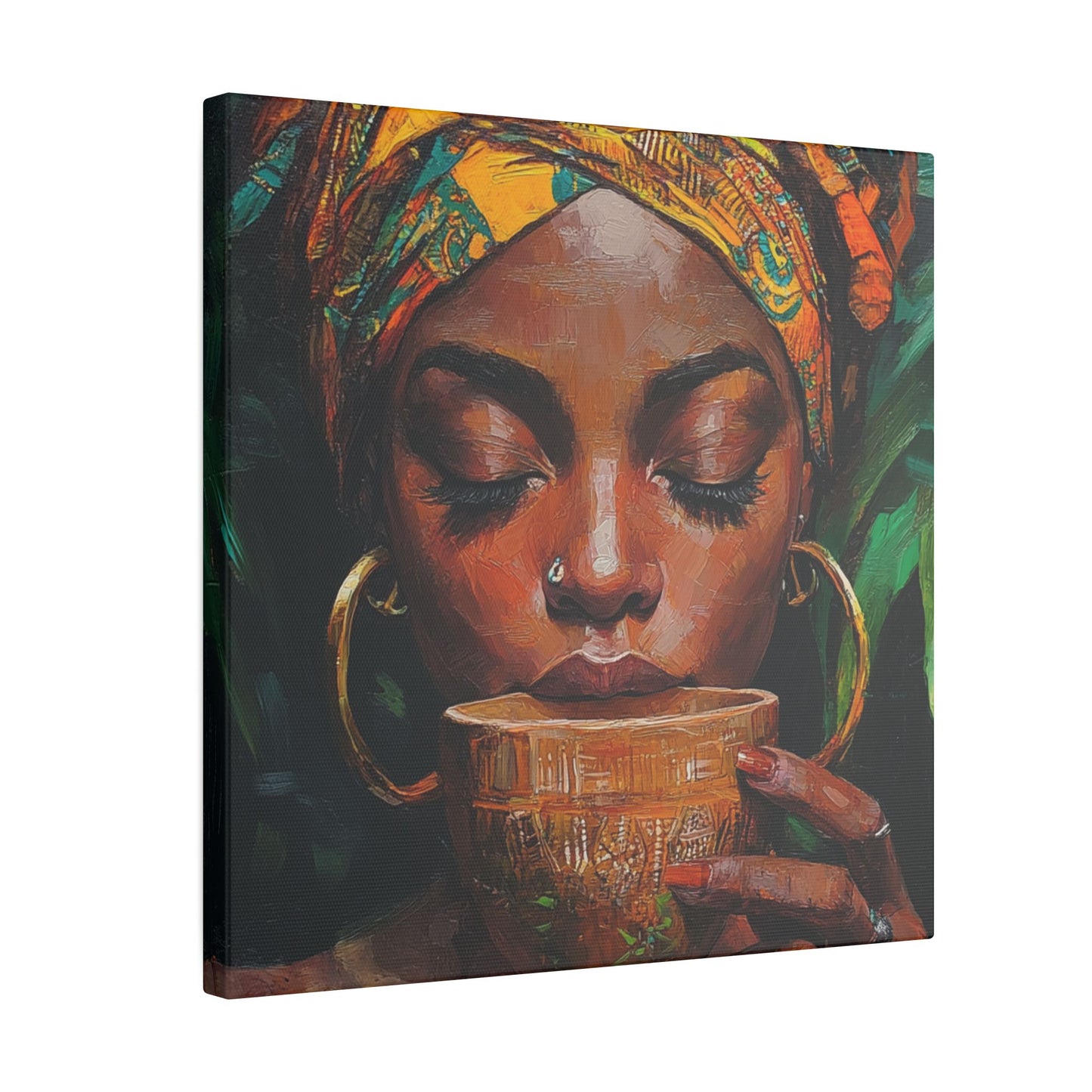 Sips of Serenity Matte Canvas, Stretched, 0.75", African art, nouveau, cultural wall hanging, decor