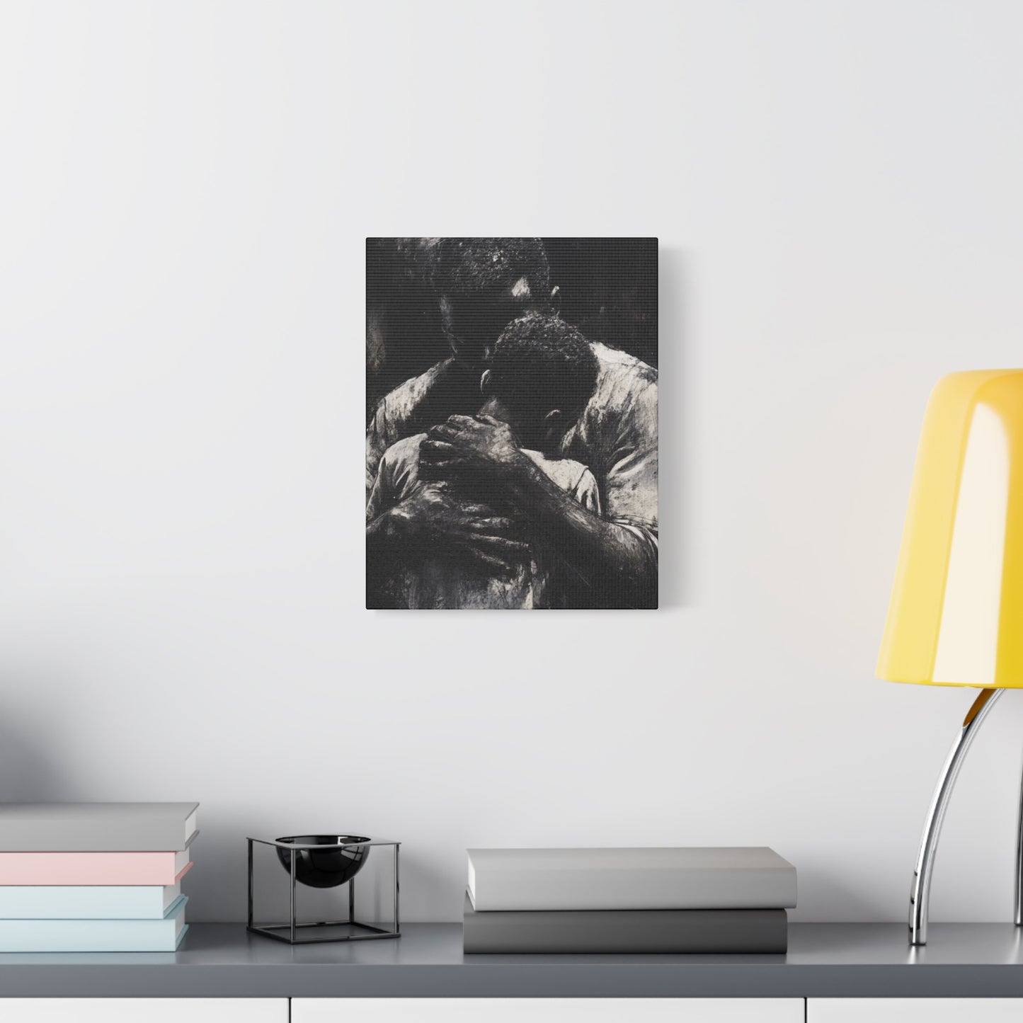 A Father's Embrace Canvas Print, Black Father and Son Charcoal Drawing, Matte Finish Artwork, Wall Decor Gift