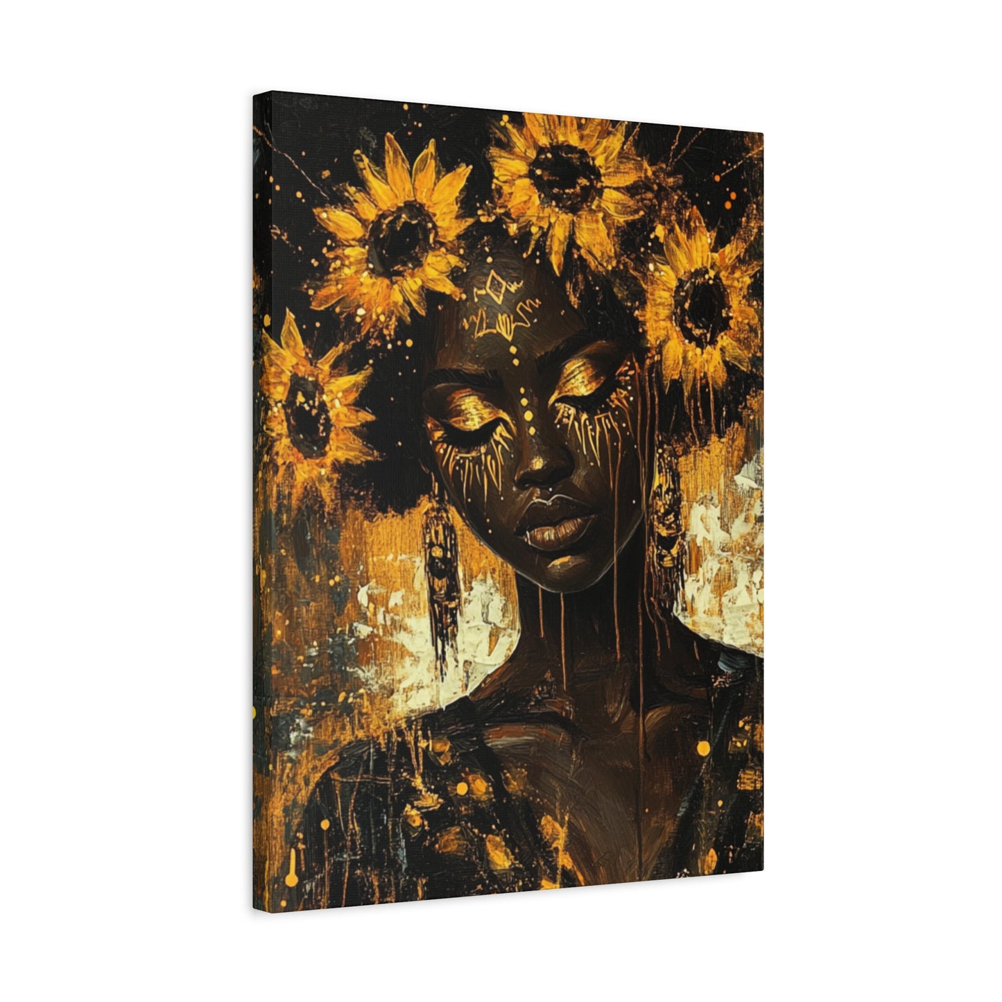 Sunflower Empress Canvas Art, Stretched, 1 25", Dark-Skinned Woman with Golden Tribal Markings, Afro Crowned with Sunflowers