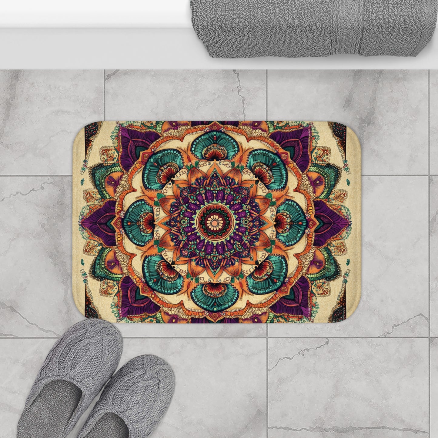 Bath Mat, Mandala Rug, Boho bathroom, Vibrant Teal Purple Orange Design, Symmetrical Pattern, Beige Background, Alternative