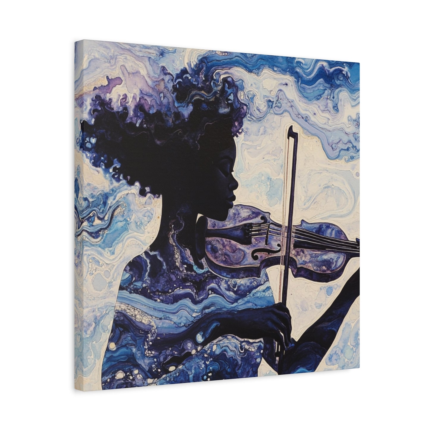 Canvas Art, Melodic Flow - Black Woman Playing Violin, Watercolor Painting, Music Notes, Blues and Purples, Ethereal Soulful Design, Wall
