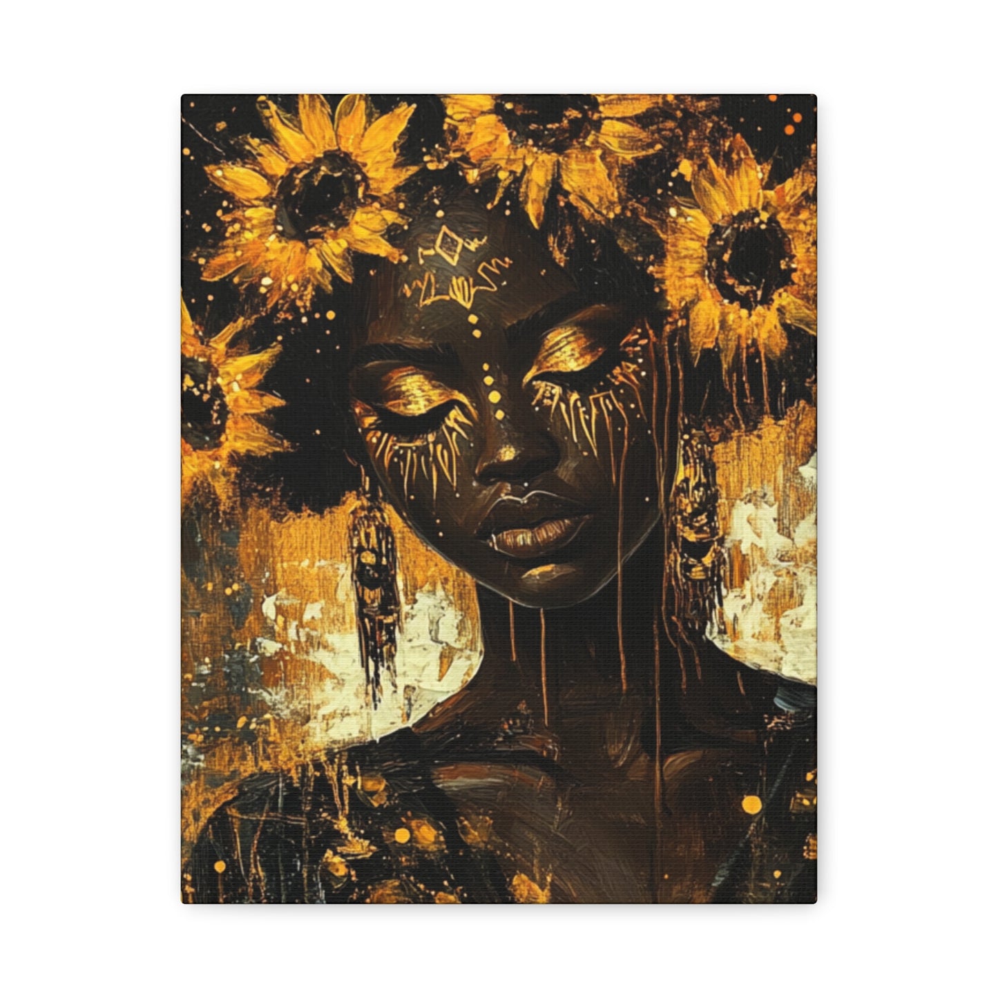Sunflower Empress Canvas Art, Stretched, 1 25", Dark-Skinned Woman with Golden Tribal Markings, Afro Crowned with Sunflowers