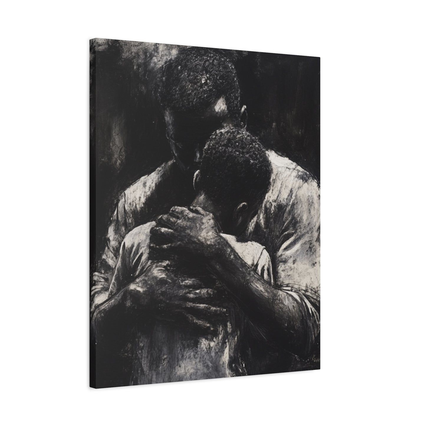 A Father's Embrace Canvas Print, Black Father and Son Charcoal Drawing, Matte Finish Artwork, Wall Decor Gift