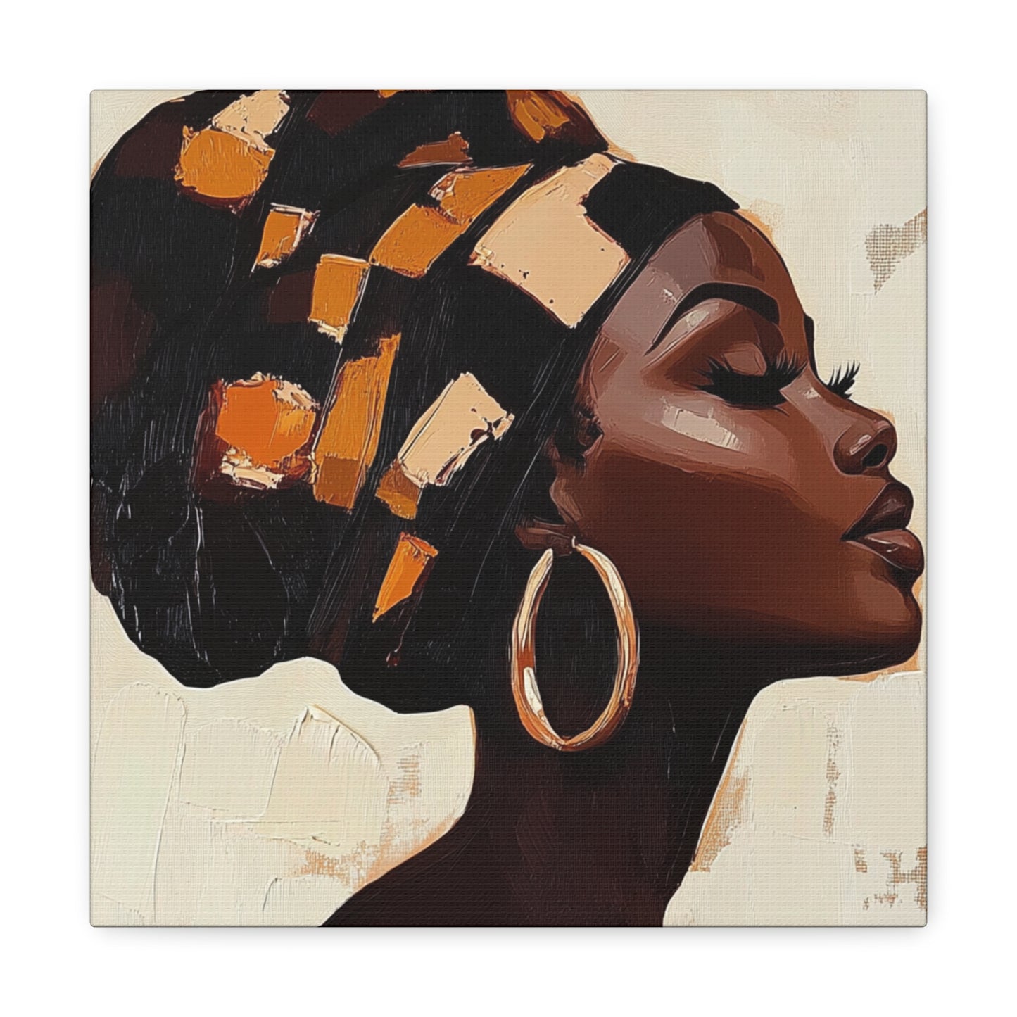 Wrapped in Wisdom Canvas Art, African American Woman Painting, Headwrap Hoop Earrings, Earth Tone Brush Strokes, Home Decor Wall Hanging,
