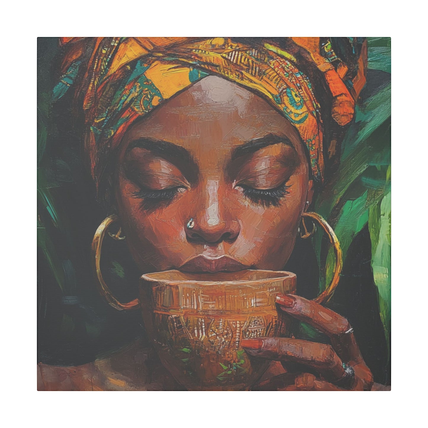 Sips of Serenity Matte Canvas, Stretched, 0.75", African art, nouveau, cultural wall hanging, decor