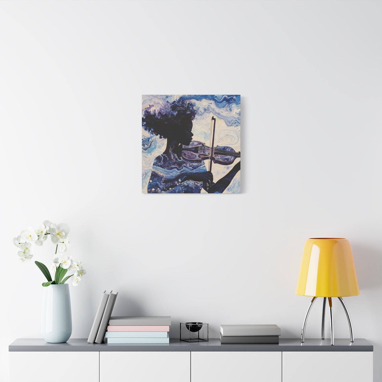 Canvas Art, Melodic Flow - Black Woman Playing Violin, Watercolor Painting, Music Notes, Blues and Purples, Ethereal Soulful Design, Wall