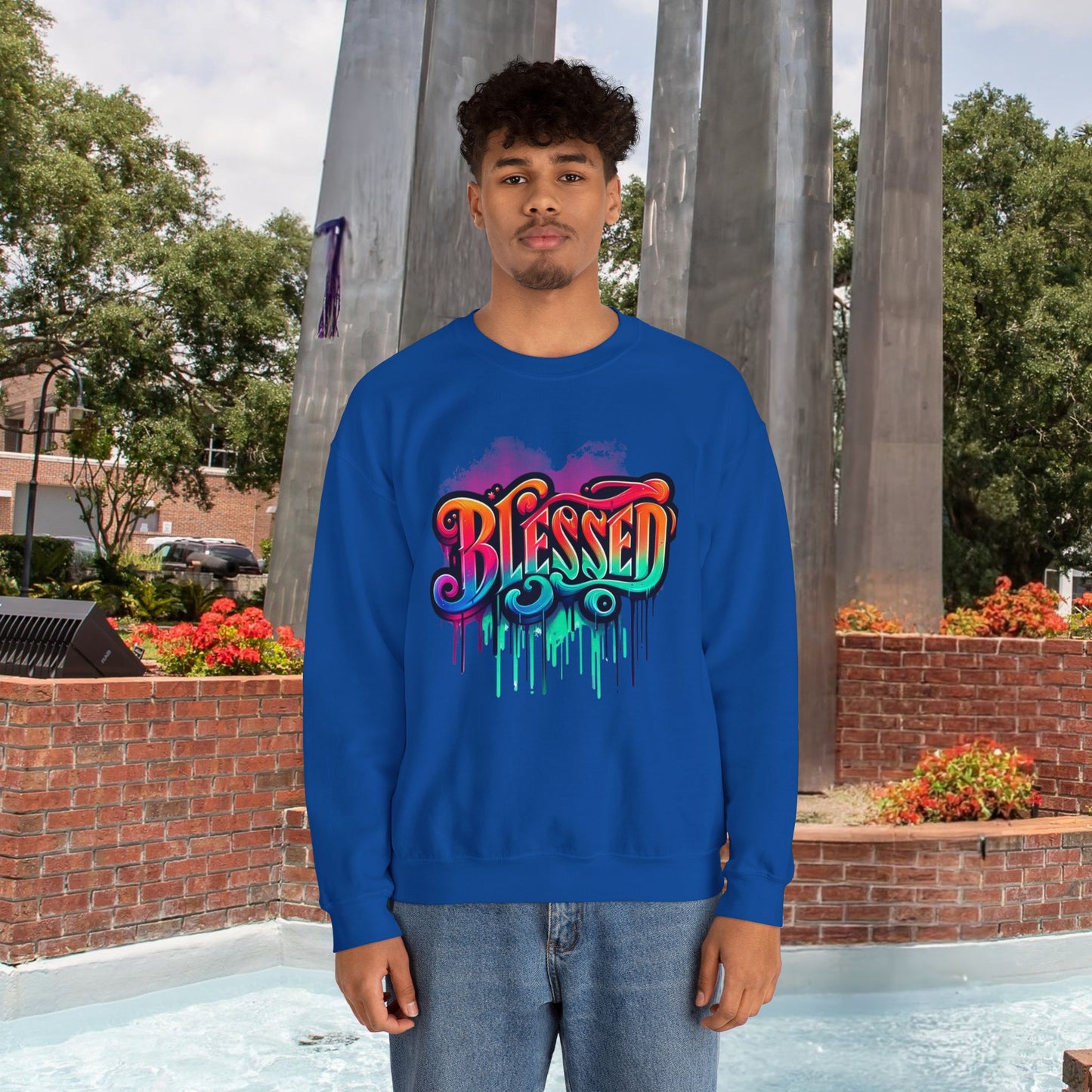 Blessed Graffiti Airbrush Sweatshirt – Street Style with Purpose Unisex Heavy Blend™ Crewneck Sweatshirt