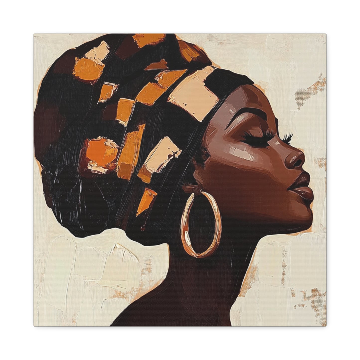 Wrapped in Wisdom Canvas Art, African American Woman Painting, Headwrap Hoop Earrings, Earth Tone Brush Strokes, Home Decor Wall Hanging,
