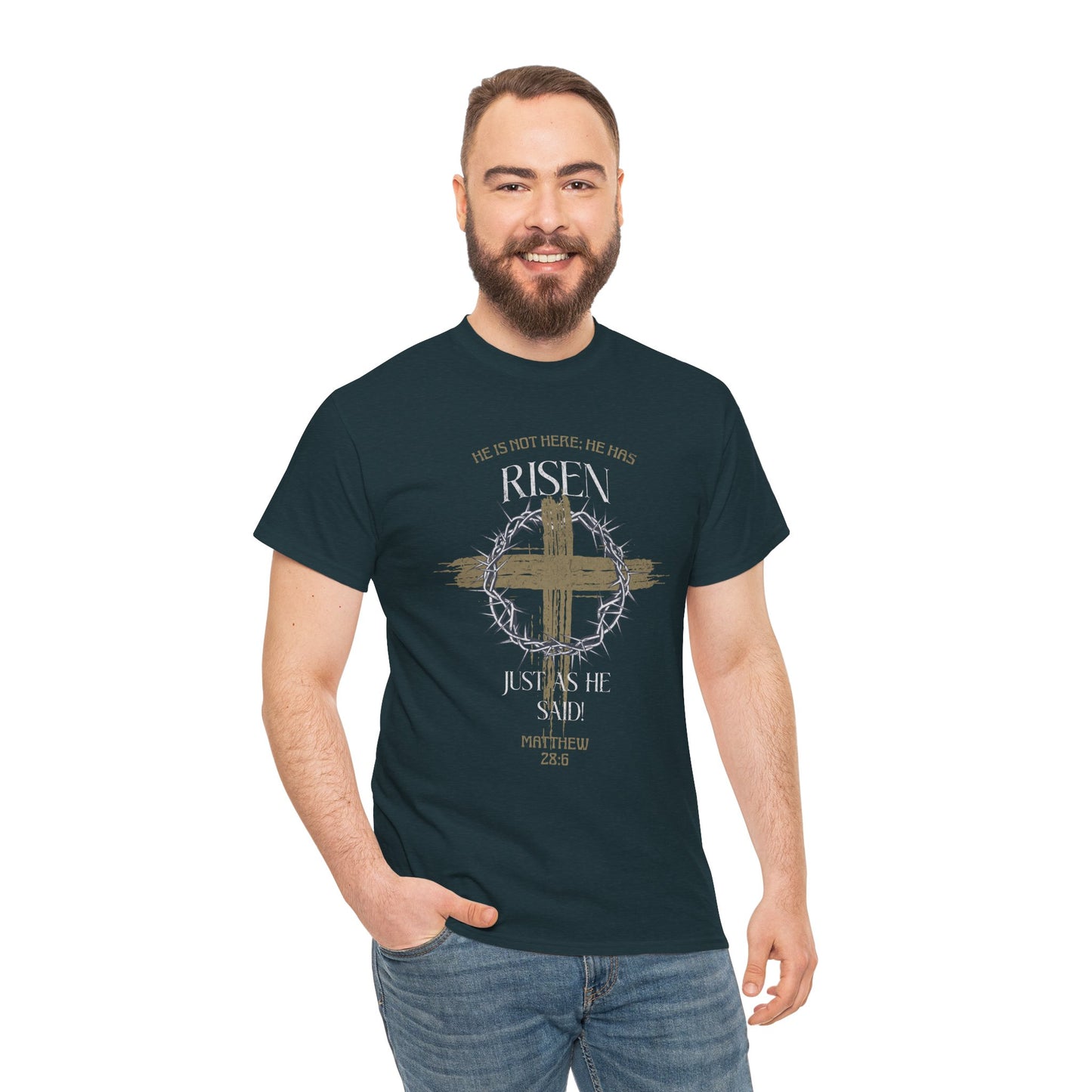 Christian Cross T-Shirt, Matthew 28:6 Scripture Tee, Religious Graphic Shirt, Unisex Cotton Top, Easter Gift, Inspirational Apparel