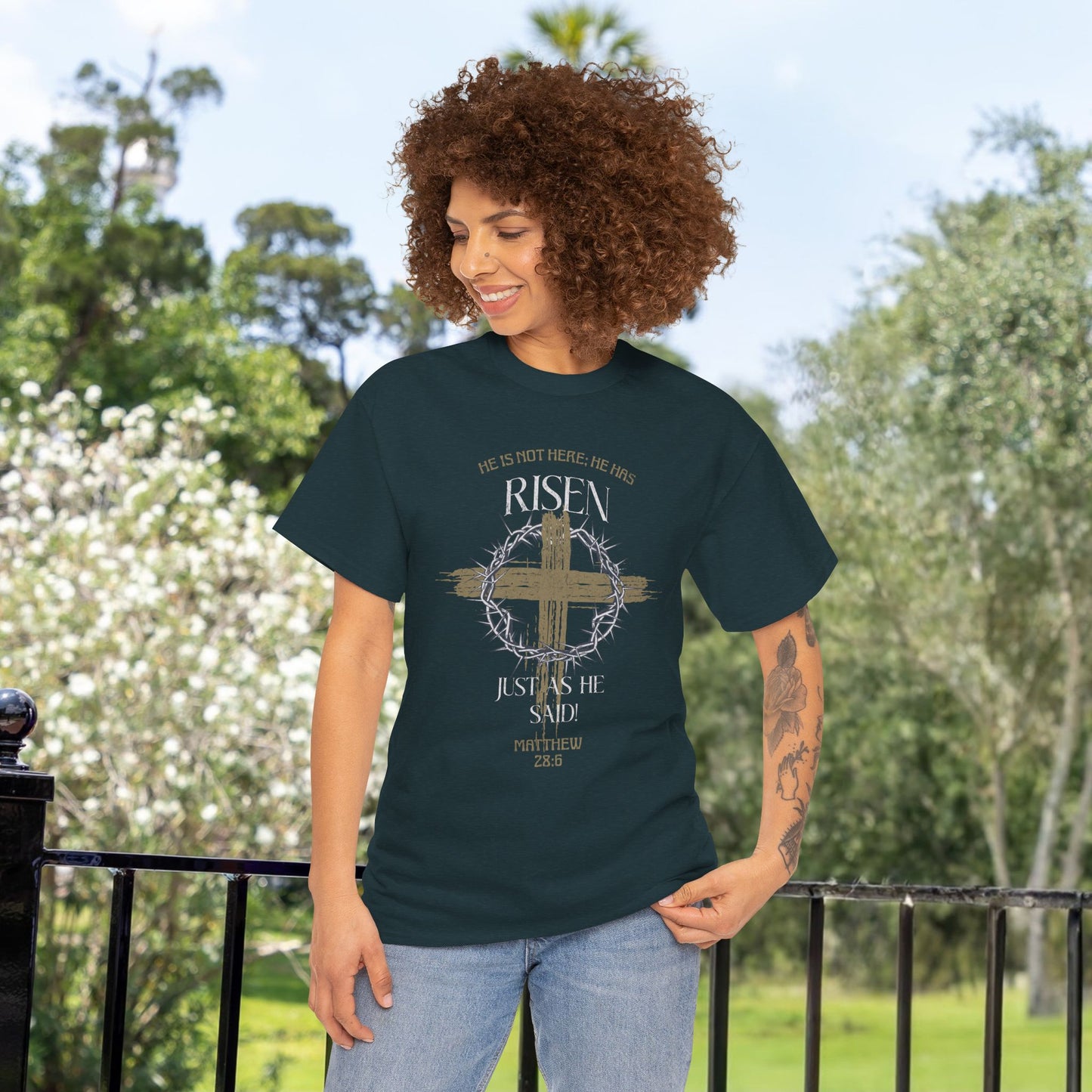 Christian Cross T-Shirt, Matthew 28:6 Scripture Tee, Religious Graphic Shirt, Unisex Cotton Top, Easter Gift, Inspirational Apparel