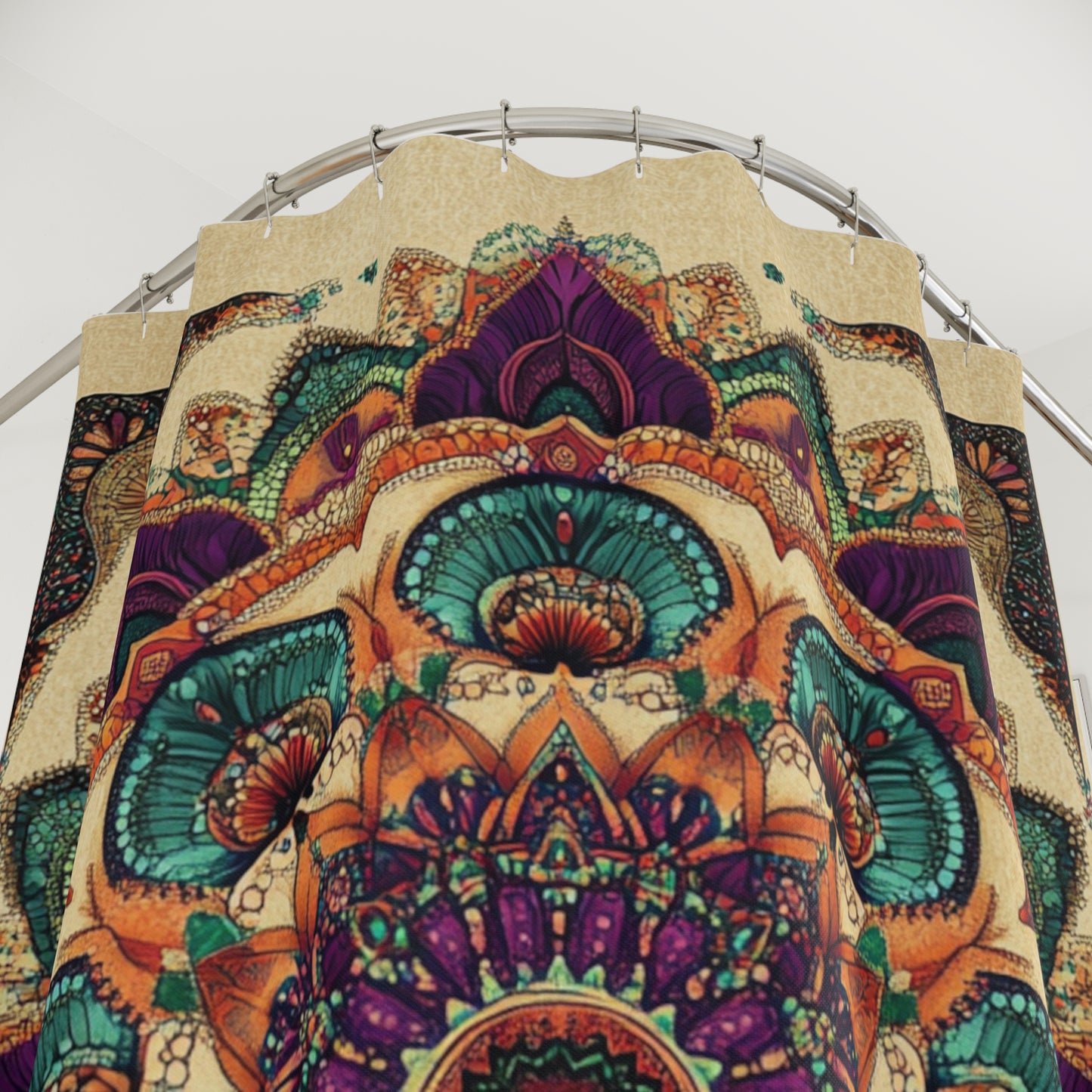 Mandala Shower Curtain, Bohemian Bathroom Decor, Purple Teal Orange Pattern, Symmetrical Design, Beige Background, Home Spa Accessories,