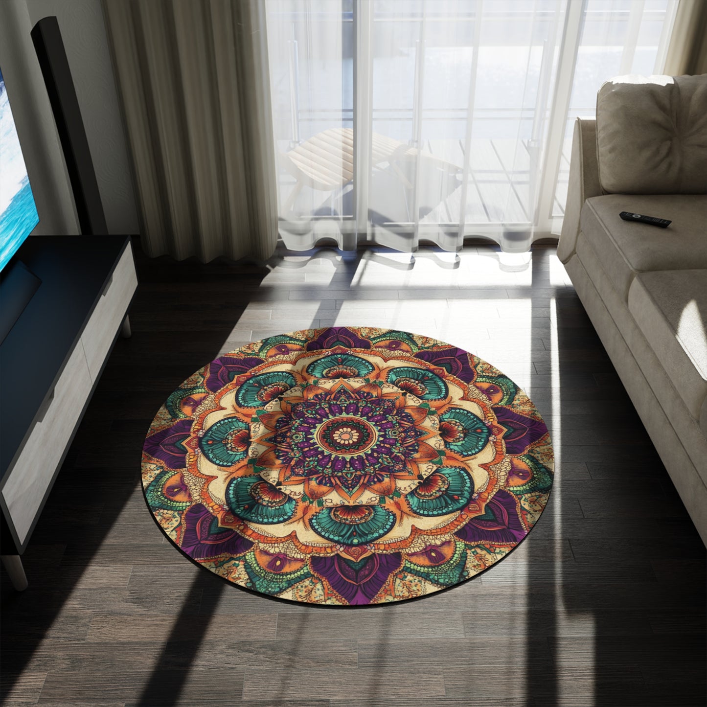 Mandala Rug, Boho Round Area Mat for Meditation Room, Vibrant Teal Purple Orange Design, Symmetrical Pattern, Beige Background, Alternative: