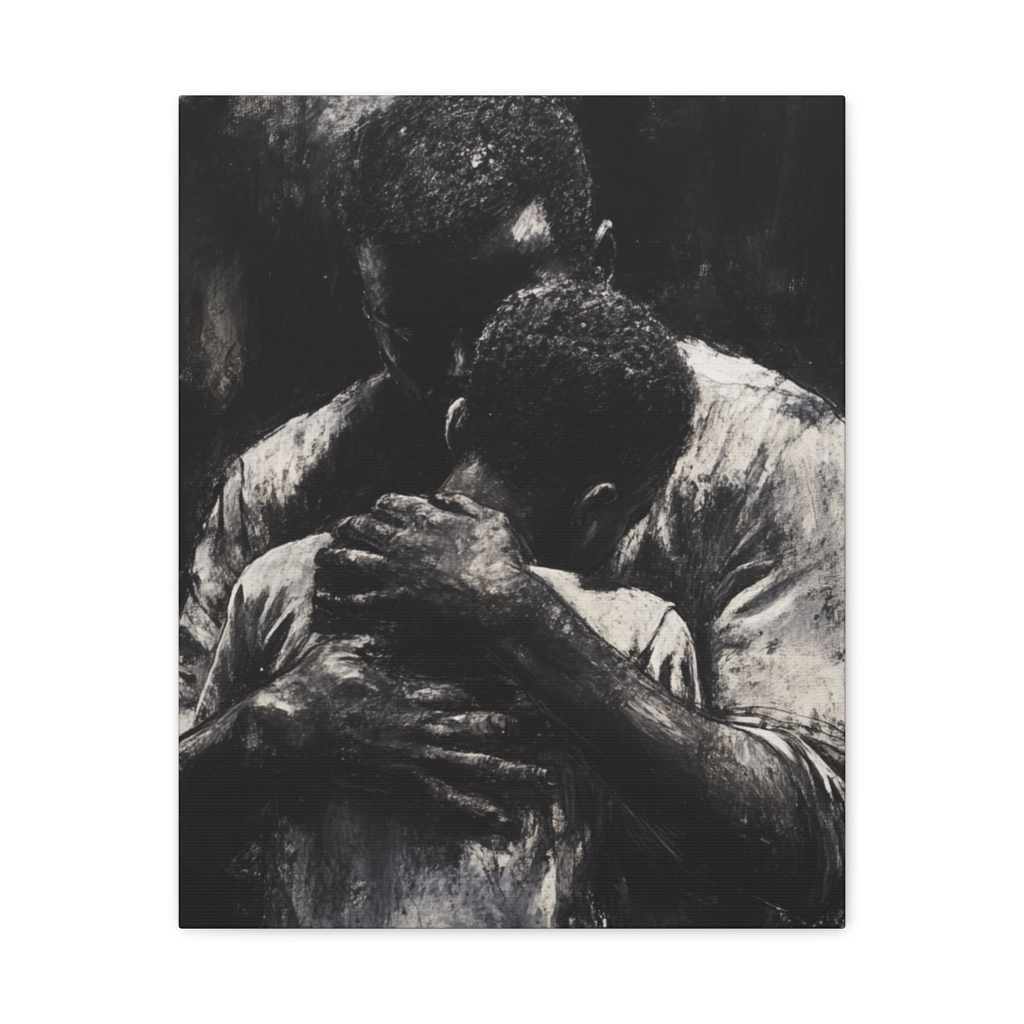 A Father's Embrace Canvas Print, Black Father and Son Charcoal Drawing, Matte Finish Artwork, Wall Decor Gift
