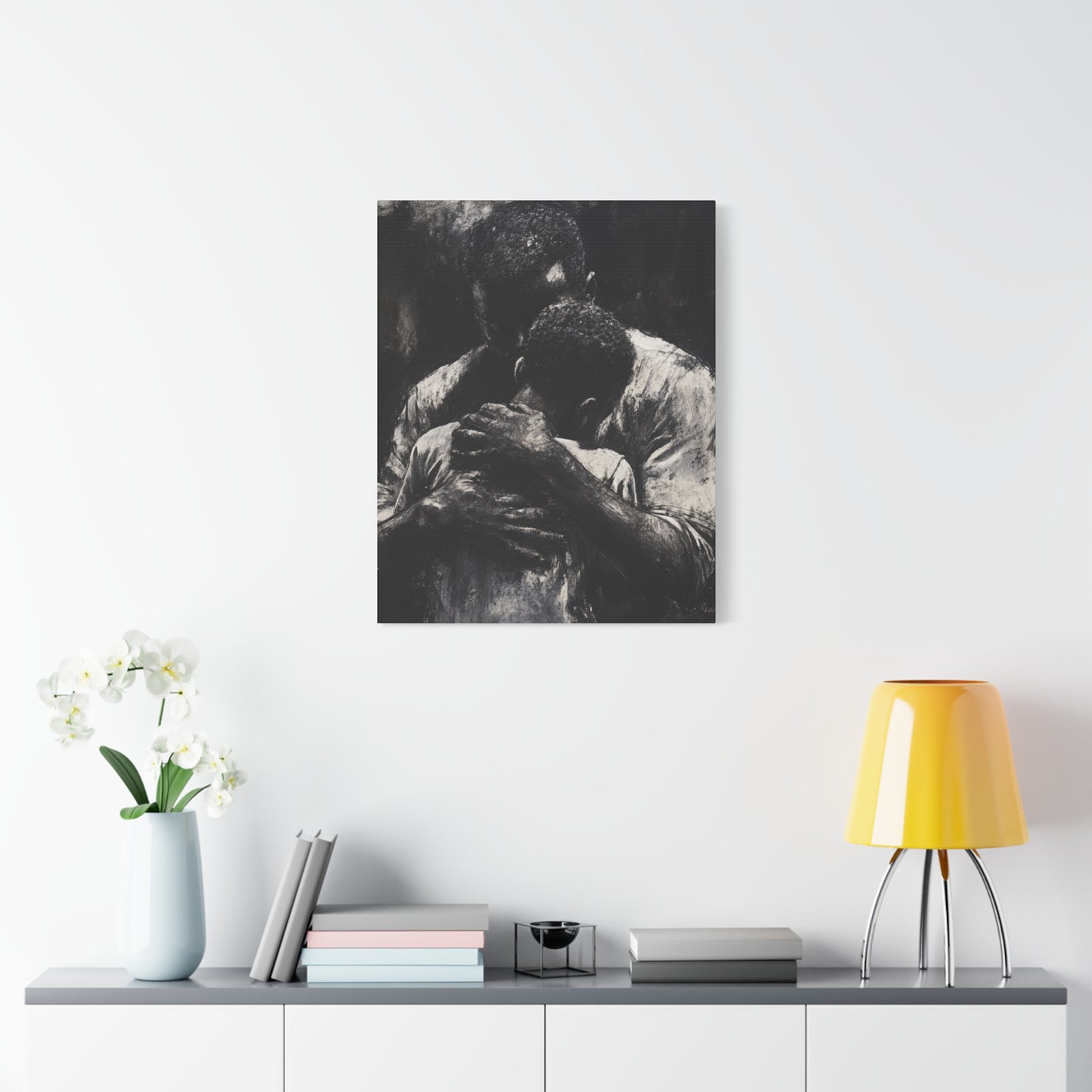 A Father's Embrace Canvas Print, Black Father and Son Charcoal Drawing, Matte Finish Artwork, Wall Decor Gift