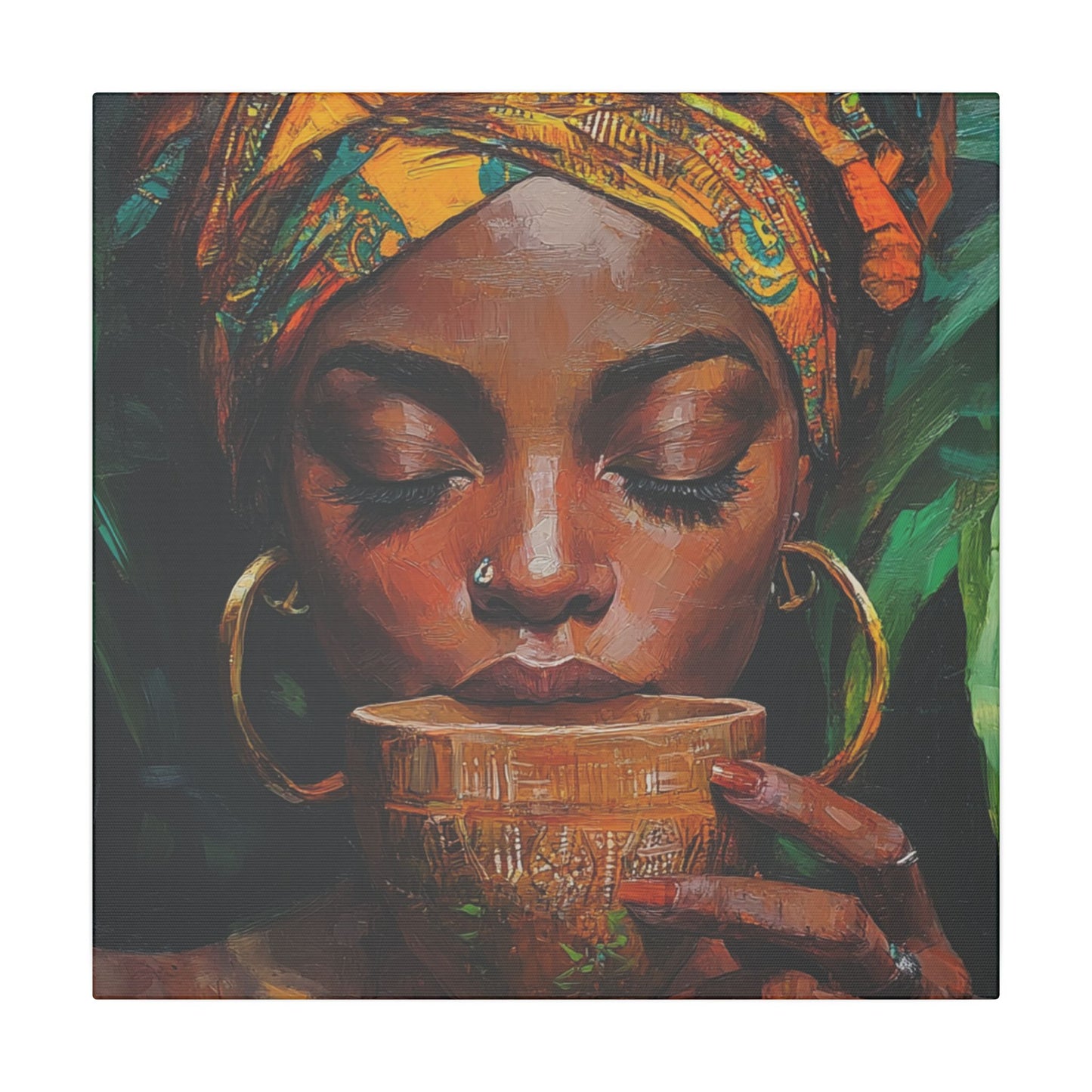 Sips of Serenity Matte Canvas, Stretched, 0.75", African art, nouveau, cultural wall hanging, decor