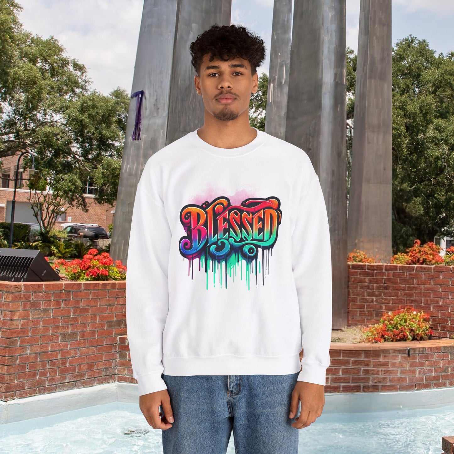 Blessed Graffiti Airbrush Sweatshirt – Street Style with Purpose Unisex Heavy Blend™ Crewneck Sweatshirt