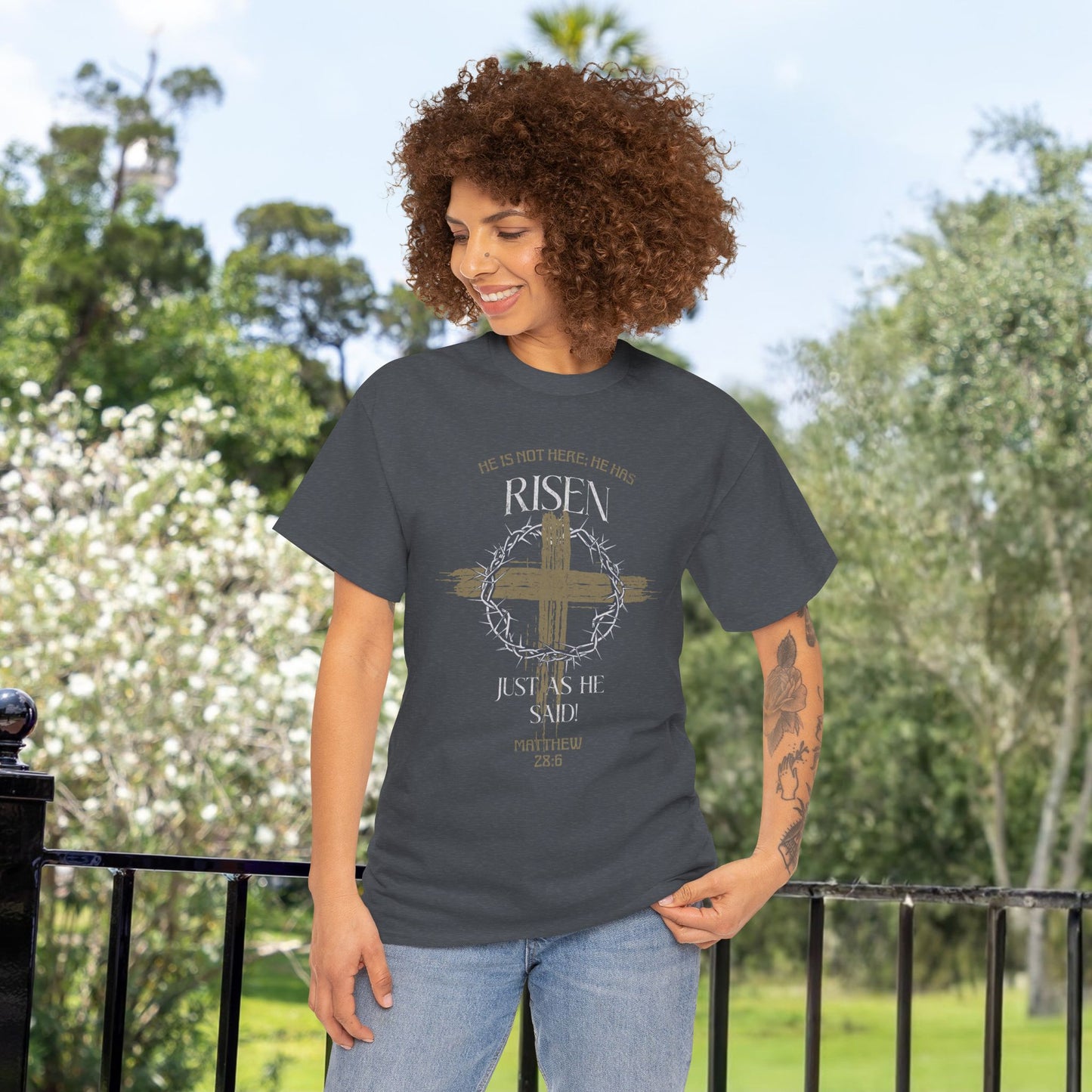 Christian Cross T-Shirt, Matthew 28:6 Scripture Tee, Religious Graphic Shirt, Unisex Cotton Top, Easter Gift, Inspirational Apparel