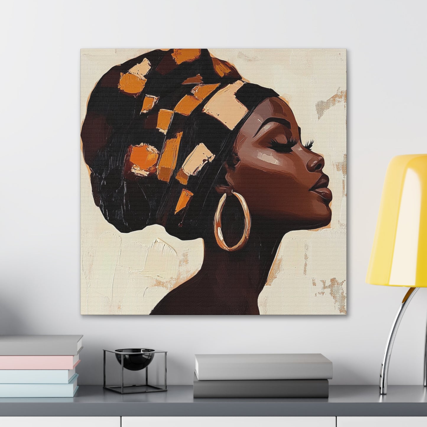 Wrapped in Wisdom Canvas Art, African American Woman Painting, Headwrap Hoop Earrings, Earth Tone Brush Strokes, Home Decor Wall Hanging,