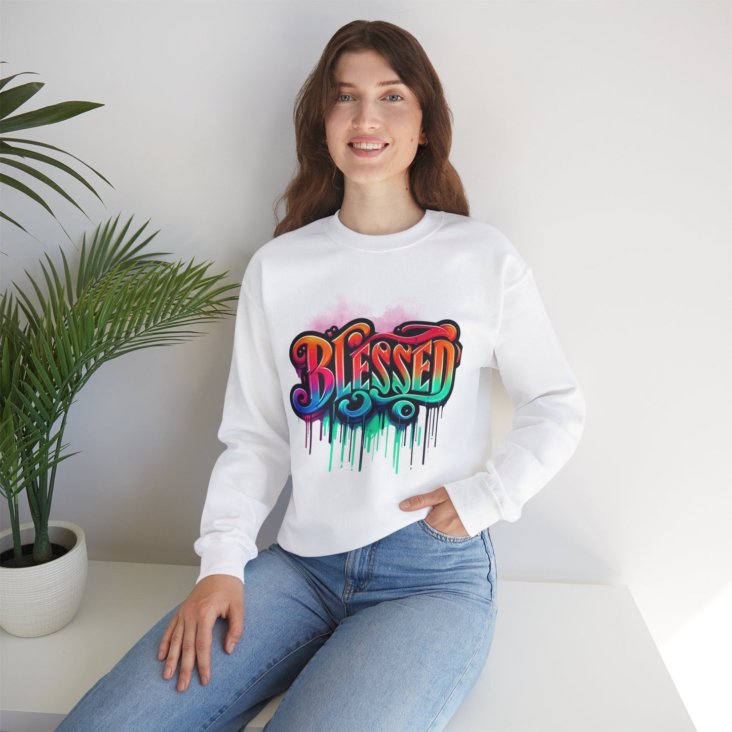 Blessed Graffiti Airbrush Sweatshirt – Street Style with Purpose Unisex Heavy Blend™ Crewneck Sweatshirt