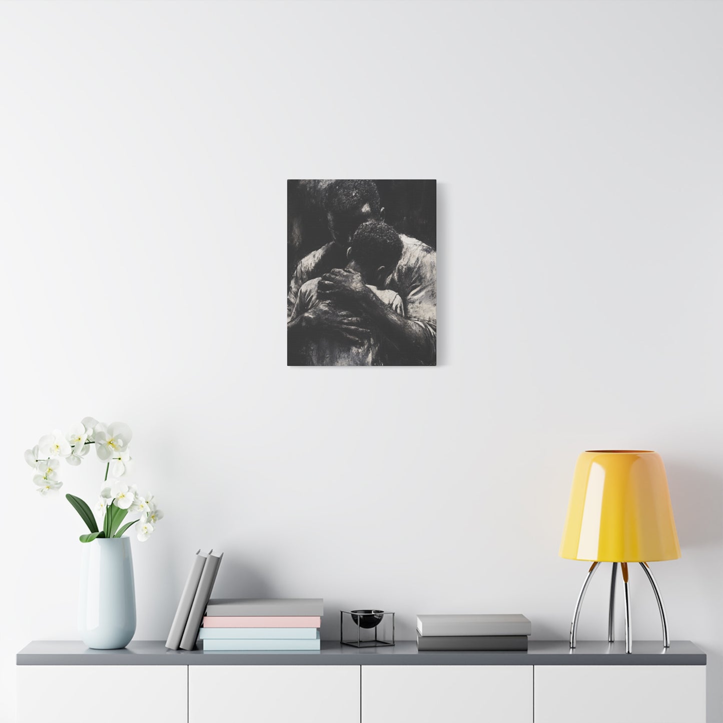 A Father's Embrace Canvas Print, Black Father and Son Charcoal Drawing, Matte Finish Artwork, Wall Decor Gift