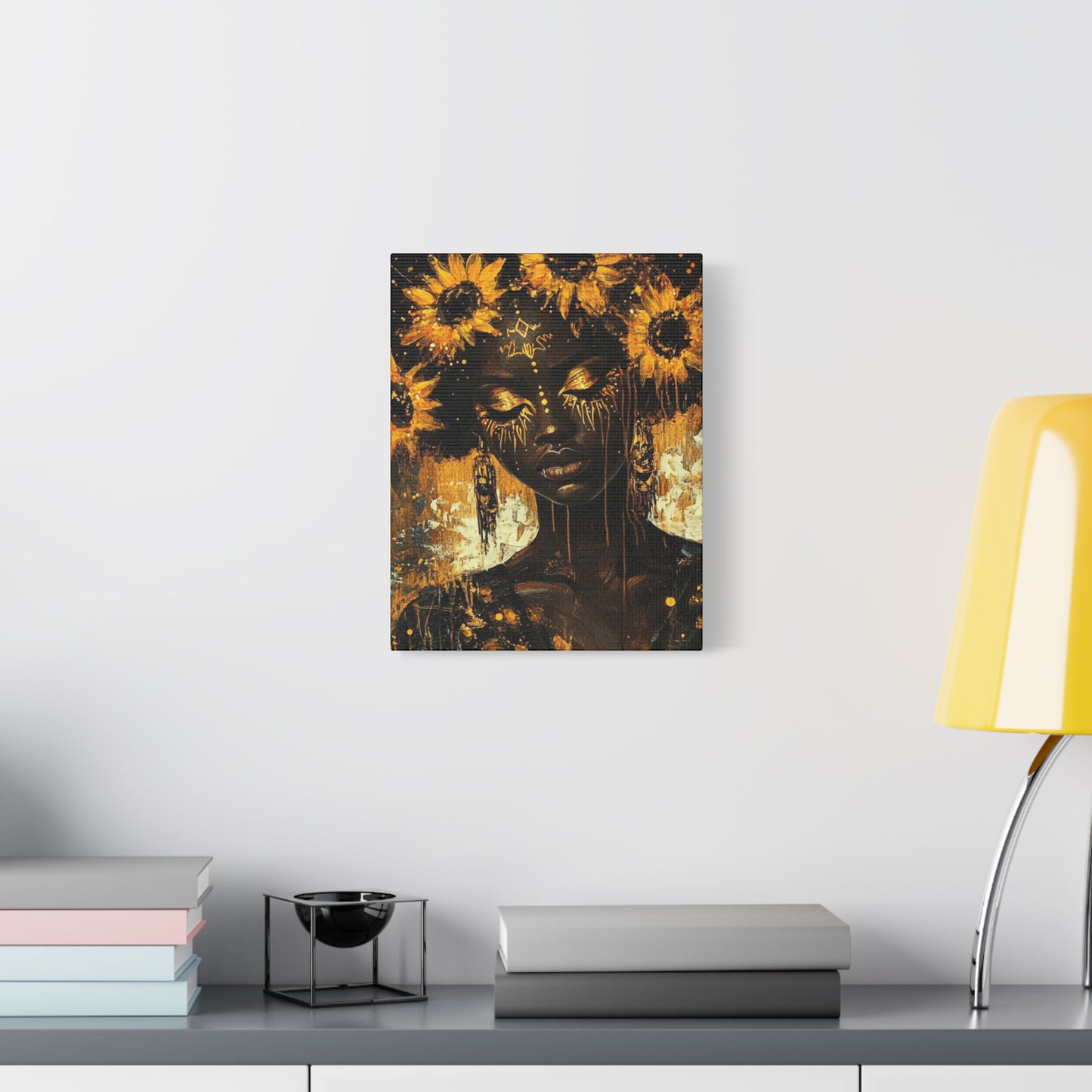 Sunflower Empress Canvas Art, Stretched, 1 25", Dark-Skinned Woman with Golden Tribal Markings, Afro Crowned with Sunflowers