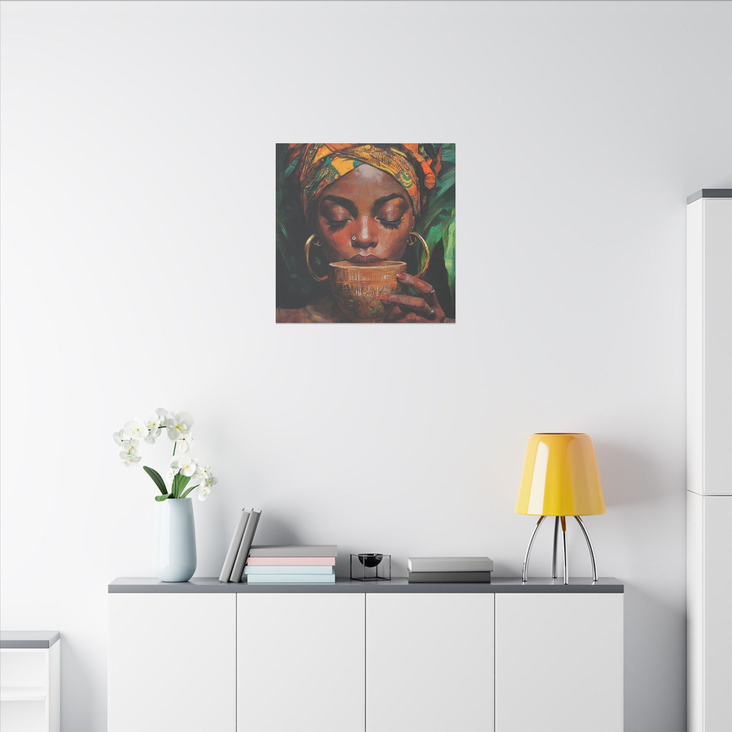 Sips of Serenity Matte Canvas, Stretched, 0.75", African art, nouveau, cultural wall hanging, decor