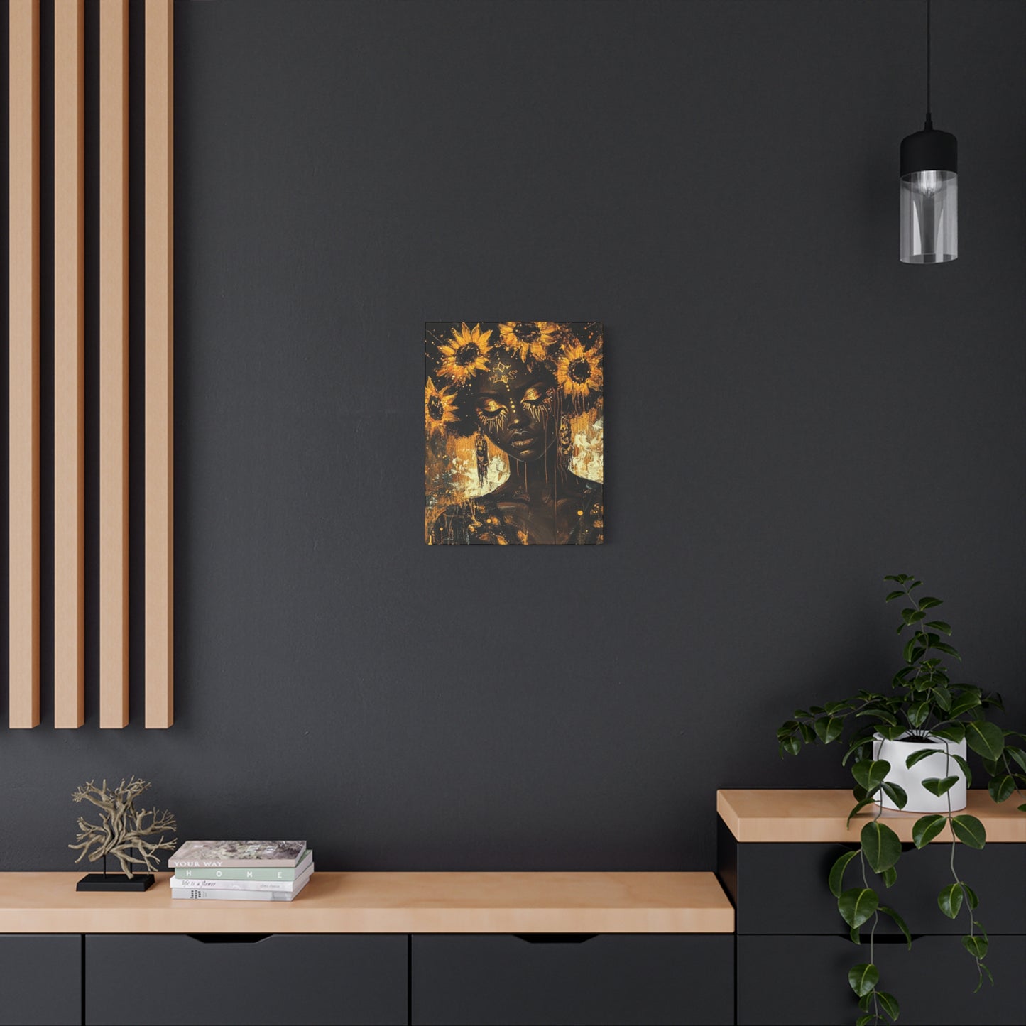 Sunflower Empress Canvas Art, Stretched, 1 25", Dark-Skinned Woman with Golden Tribal Markings, Afro Crowned with Sunflowers