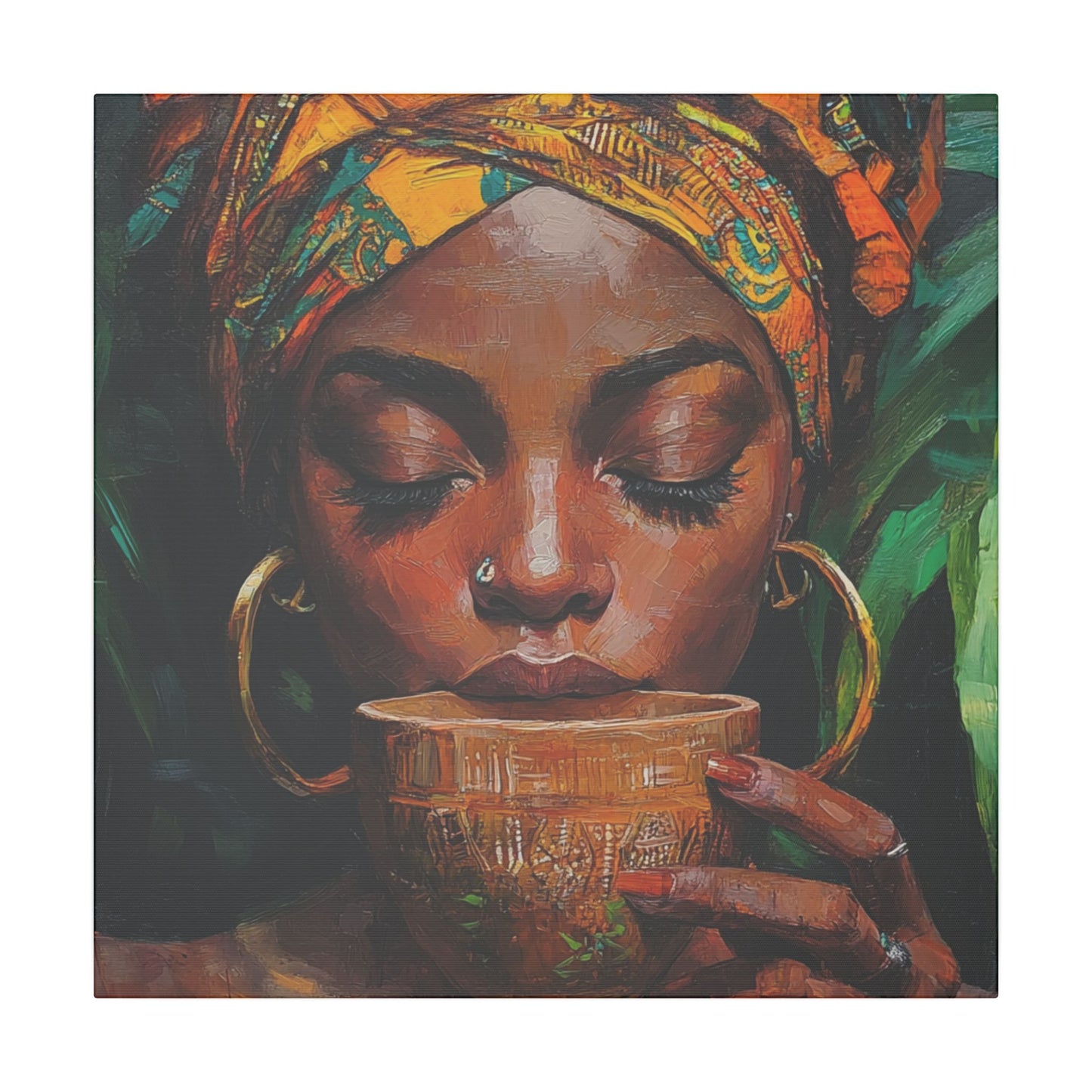 Sips of Serenity Matte Canvas, Stretched, 0.75", African art, nouveau, cultural wall hanging, decor