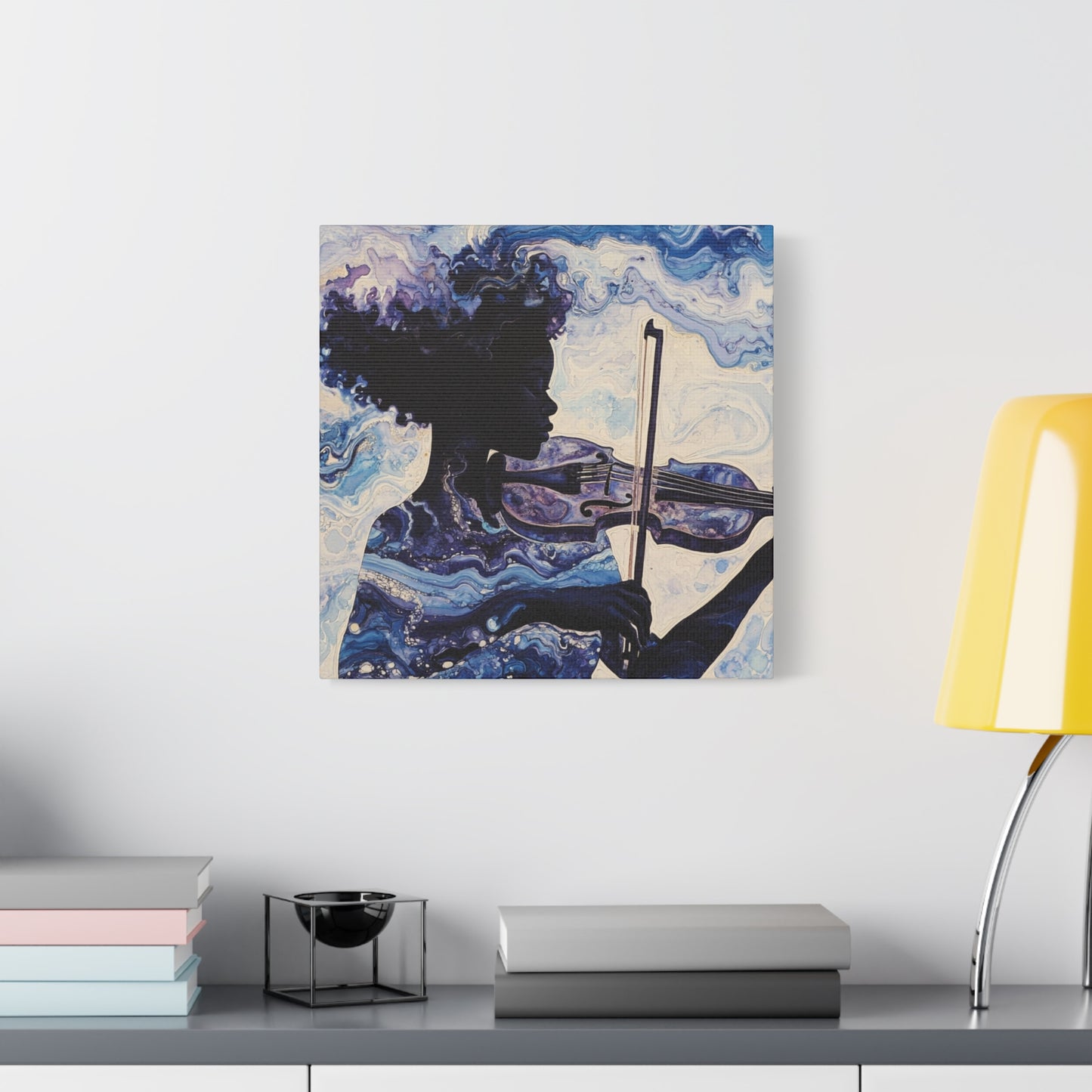 Canvas Art, Melodic Flow - Black Woman Playing Violin, Watercolor Painting, Music Notes, Blues and Purples, Ethereal Soulful Design, Wall