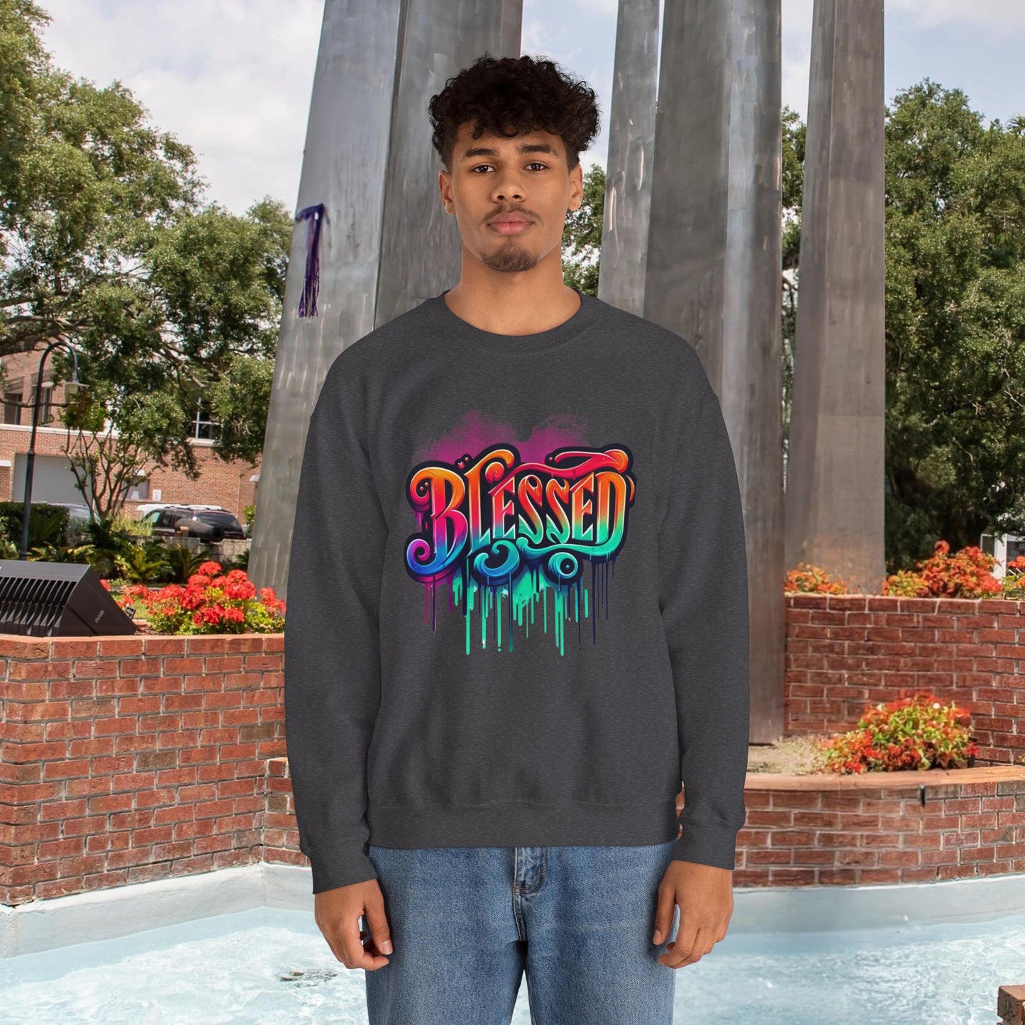 Blessed Graffiti Airbrush Sweatshirt – Street Style with Purpose Unisex Heavy Blend™ Crewneck Sweatshirt