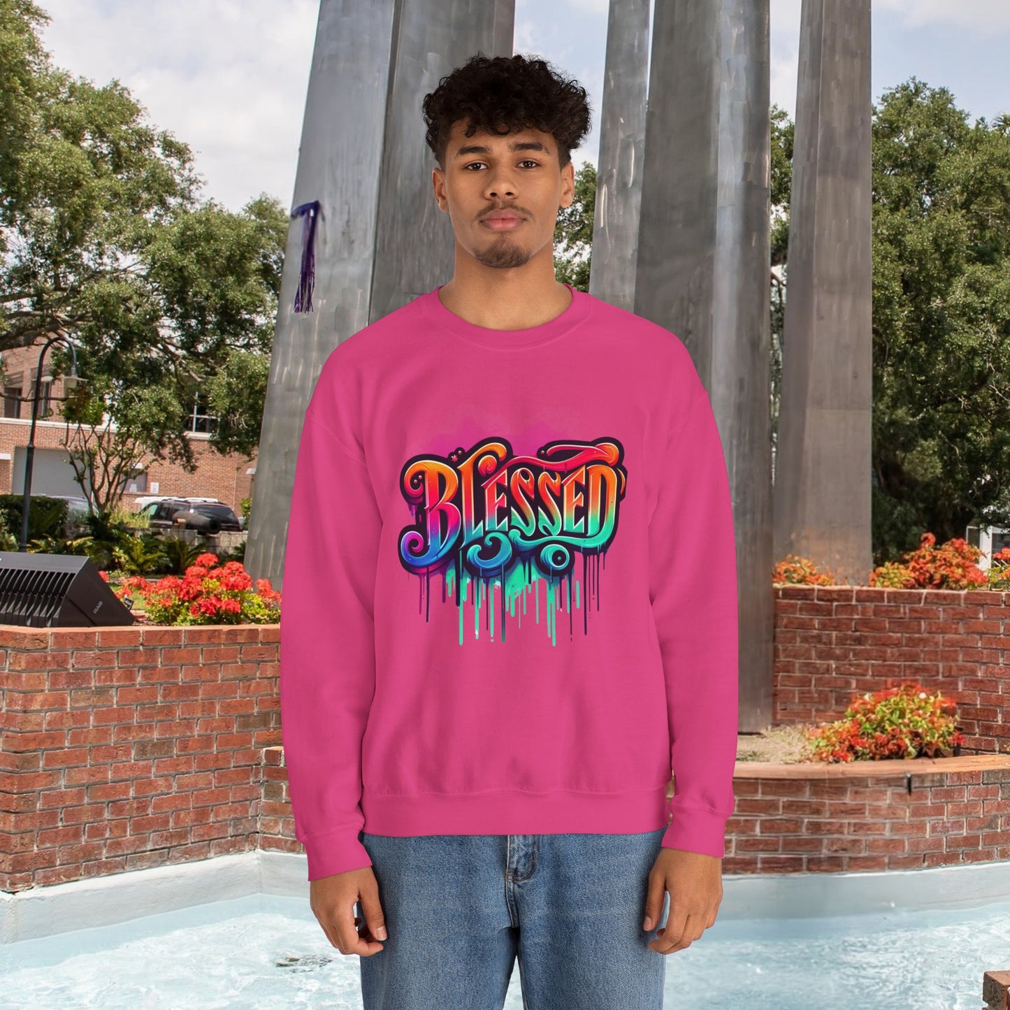Blessed Graffiti Airbrush Sweatshirt – Street Style with Purpose Unisex Heavy Blend™ Crewneck Sweatshirt