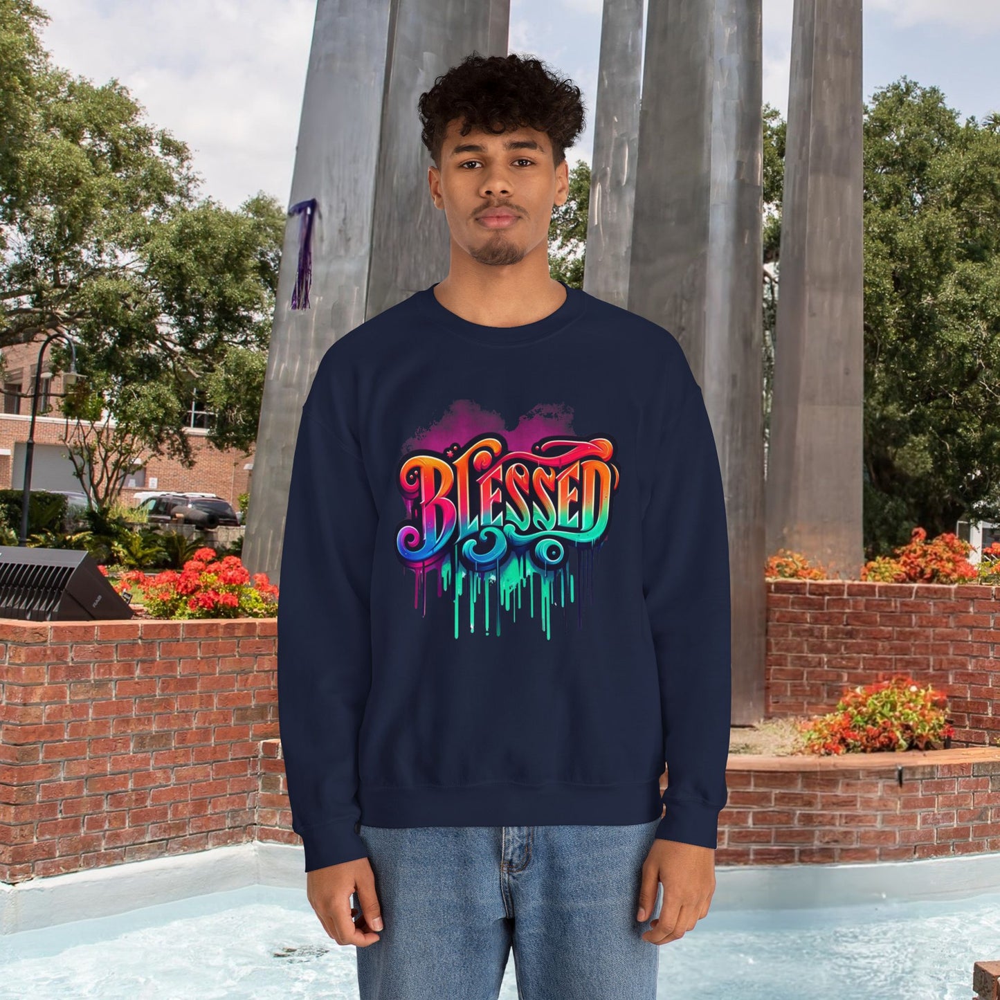 Blessed Graffiti Airbrush Sweatshirt – Street Style with Purpose Unisex Heavy Blend™ Crewneck Sweatshirt