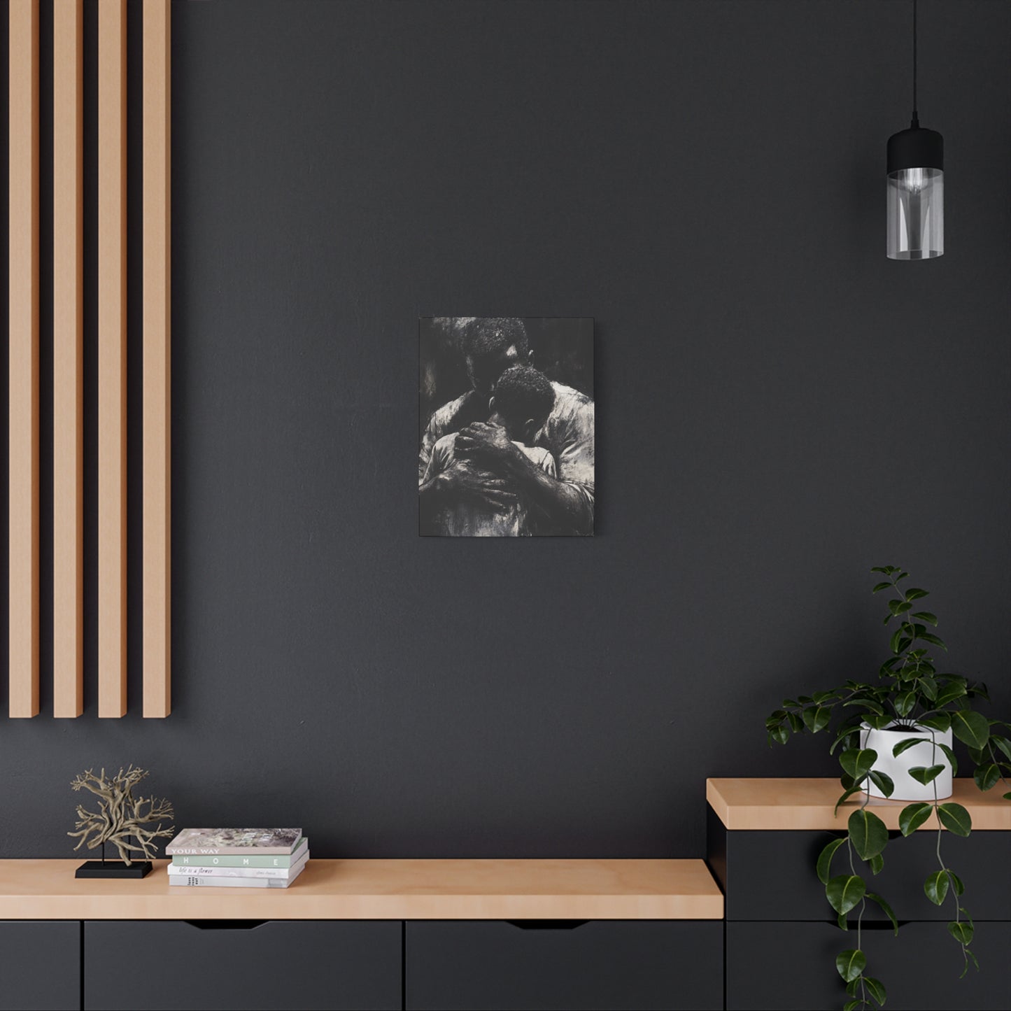 A Father's Embrace Canvas Print, Black Father and Son Charcoal Drawing, Matte Finish Artwork, Wall Decor Gift