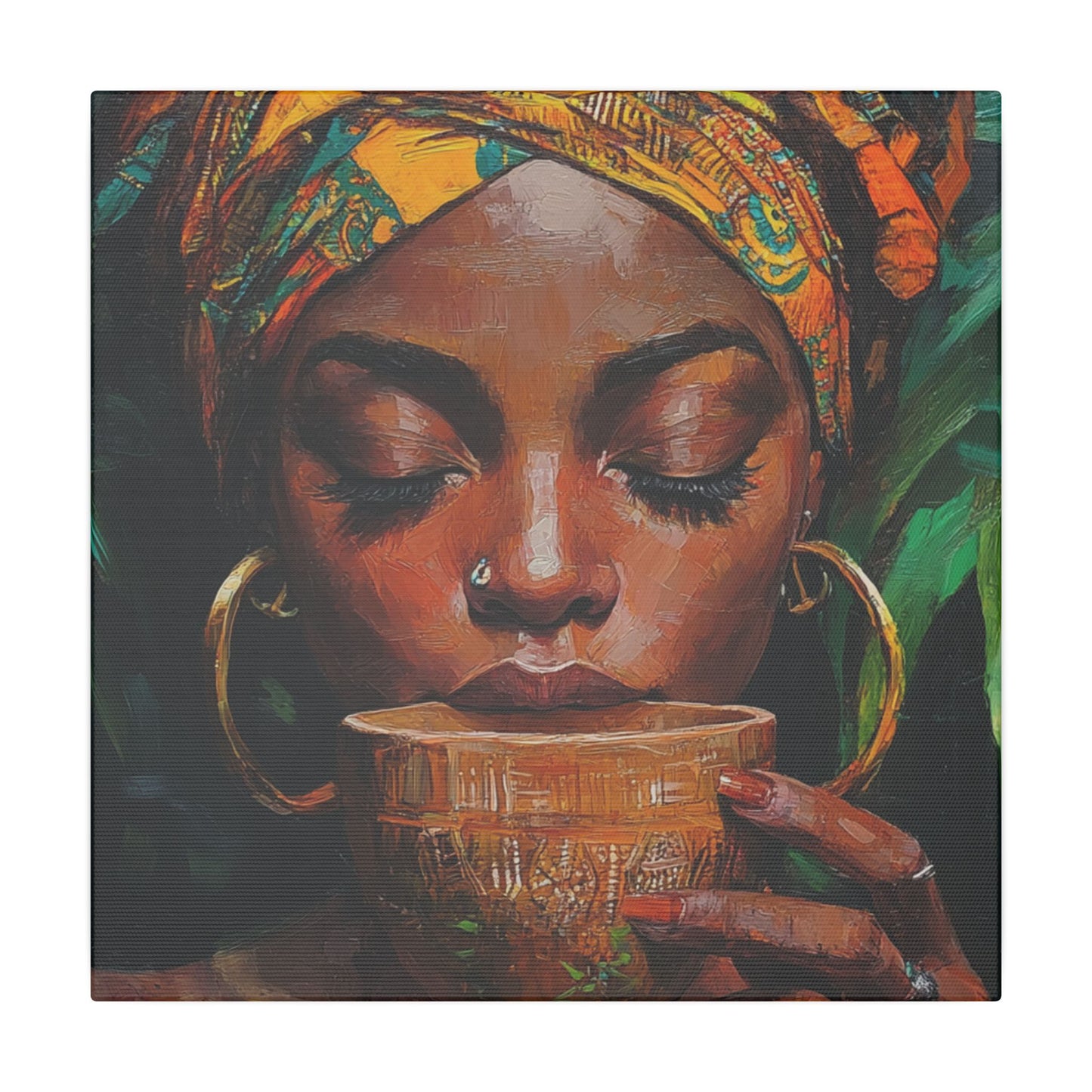 Sips of Serenity Matte Canvas, Stretched, 0.75", African art, nouveau, cultural wall hanging, decor