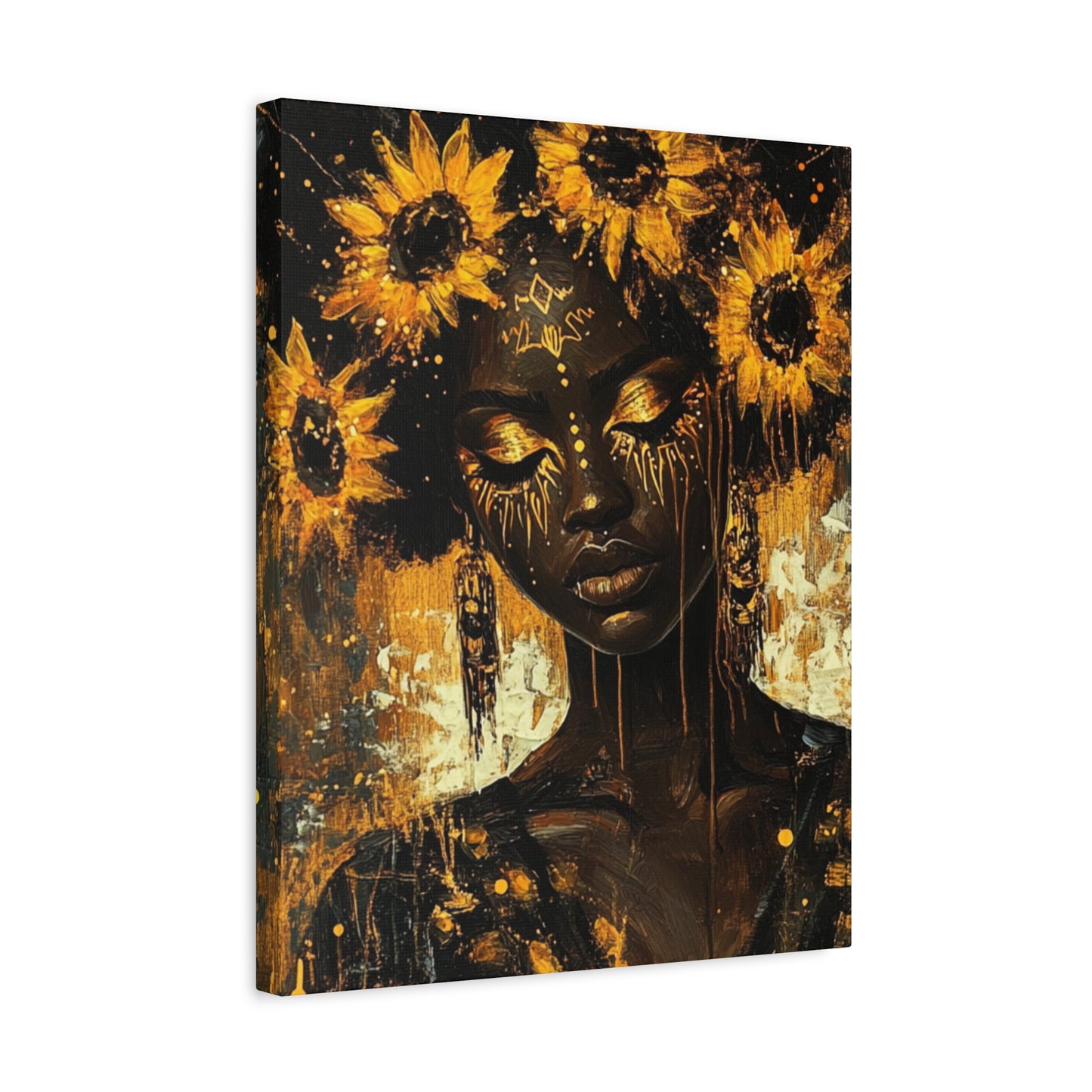 Sunflower Empress Canvas Art, Stretched, 1 25", Dark-Skinned Woman with Golden Tribal Markings, Afro Crowned with Sunflowers