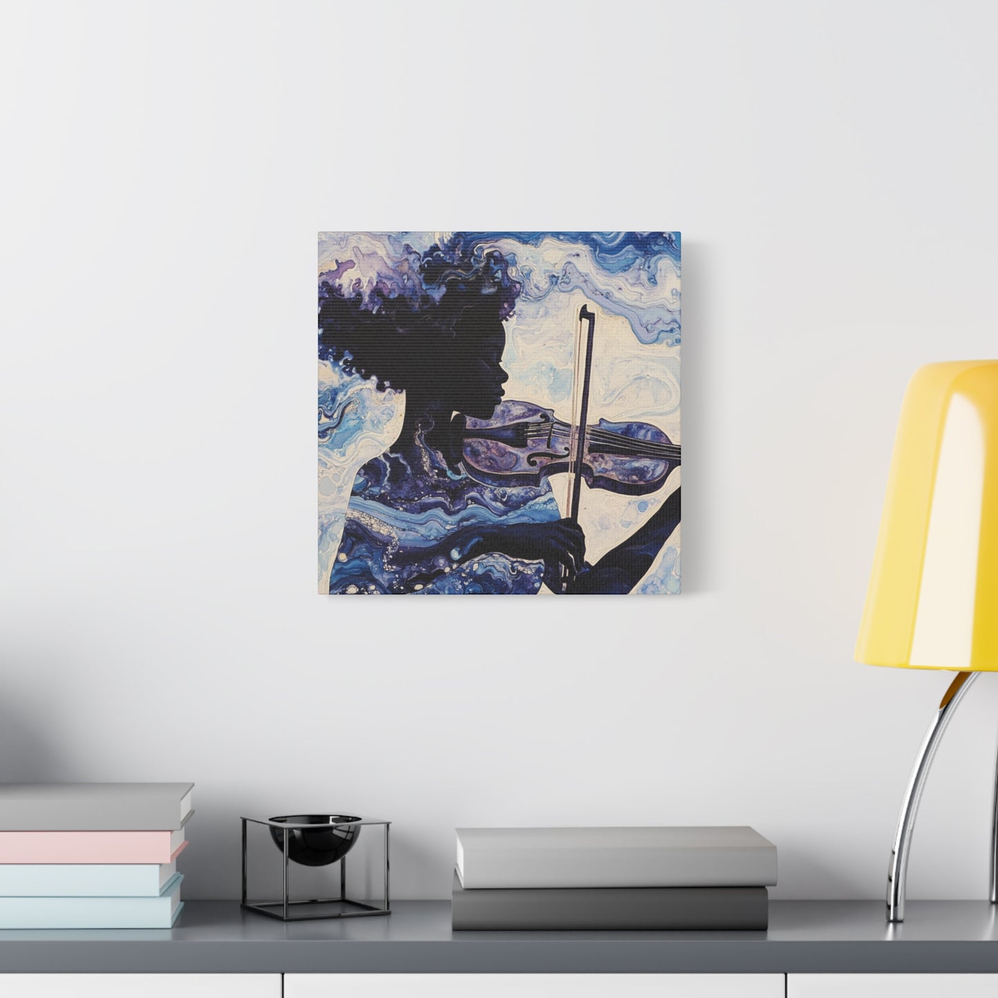 Canvas Art, Melodic Flow - Black Woman Playing Violin, Watercolor Painting, Music Notes, Blues and Purples, Ethereal Soulful Design, Wall